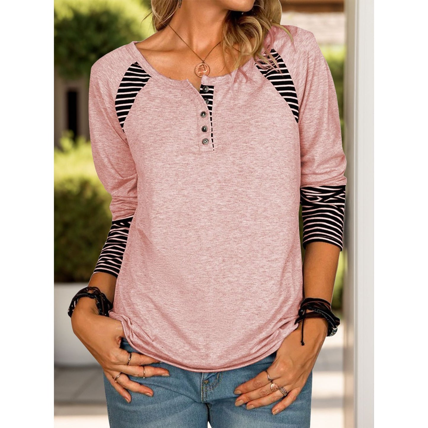 Full Size Striped Quarter Button Long Sleeve T-Shirt