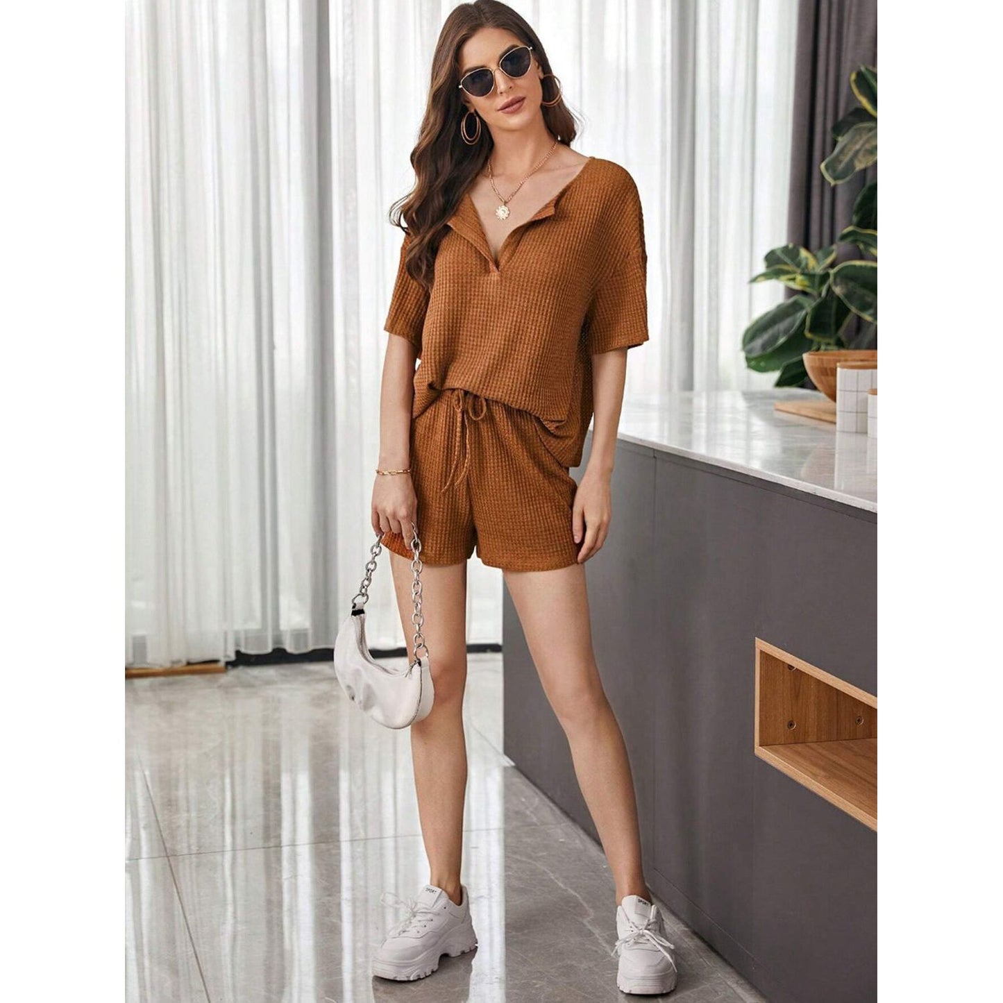 Full Size Waffle-Knit Dropped Shoulder Top and Shorts Set