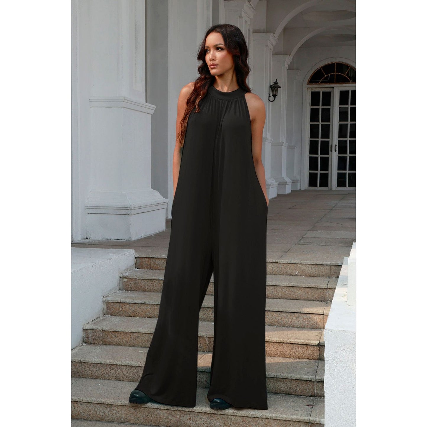 Double Take Full Size Tie Back Cutout Sleeveless Jumpsuit