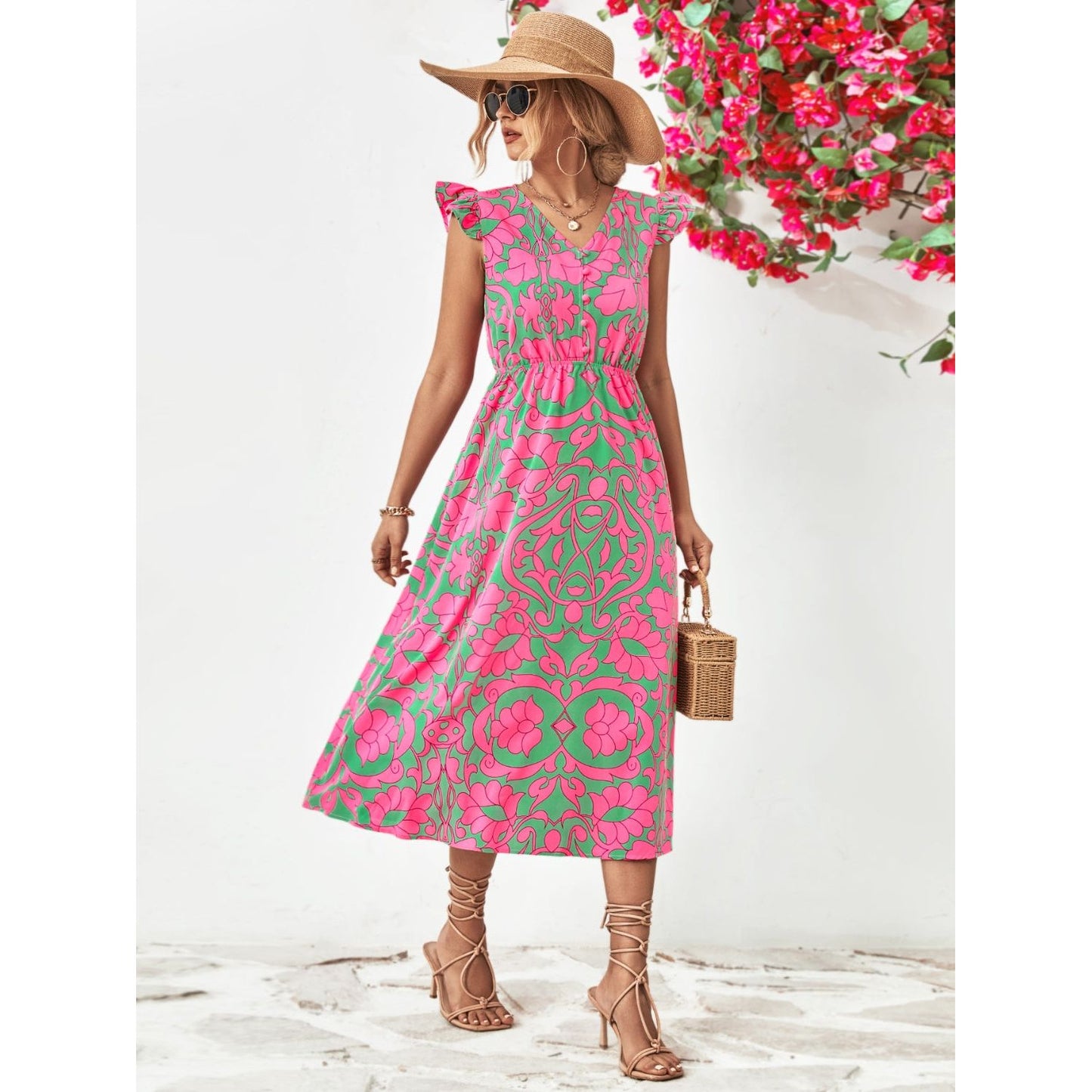 Printed V-Neck Cap Sleeve Dress