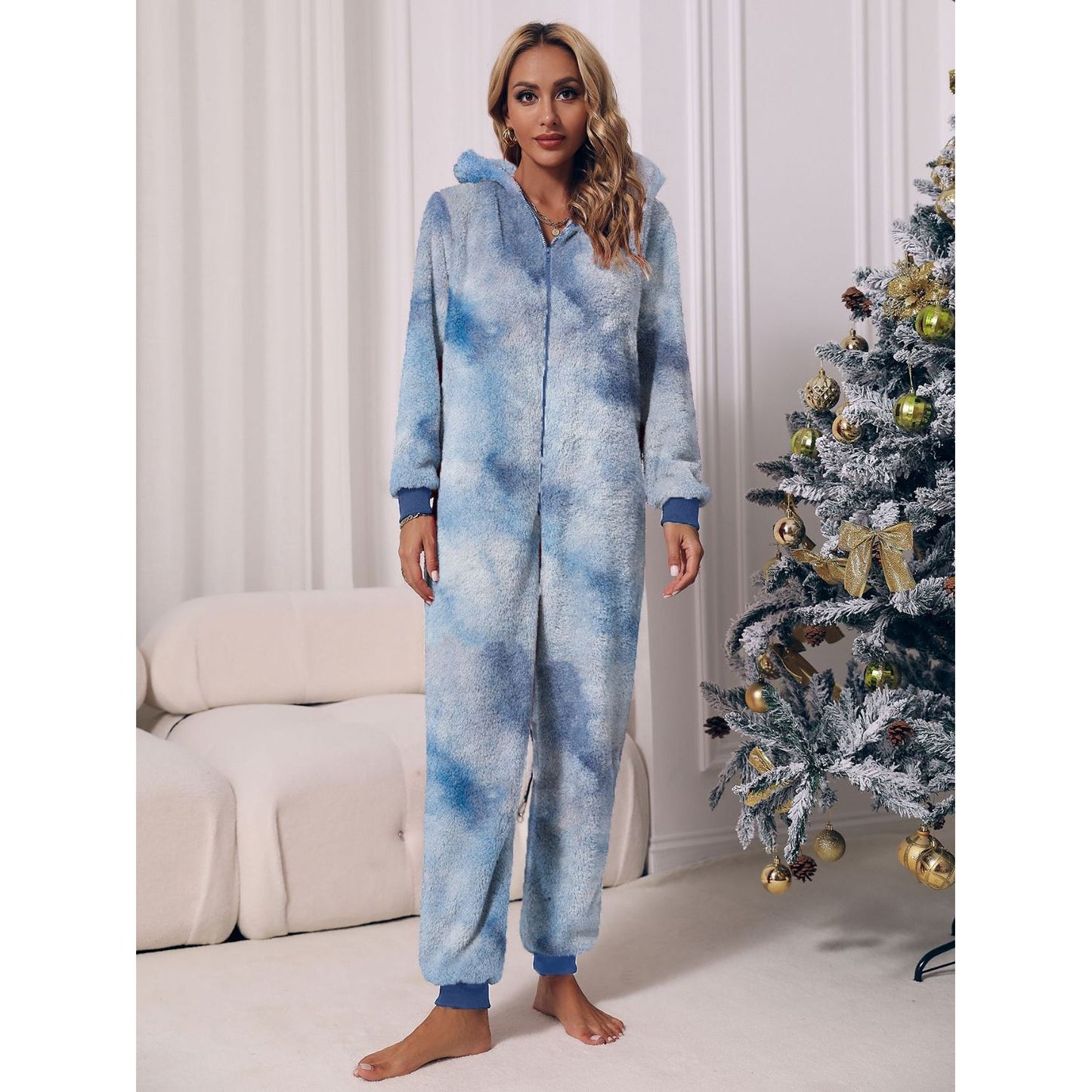 Zip Front Long Sleeve Hooded Teddy Lounge Jumpsuit