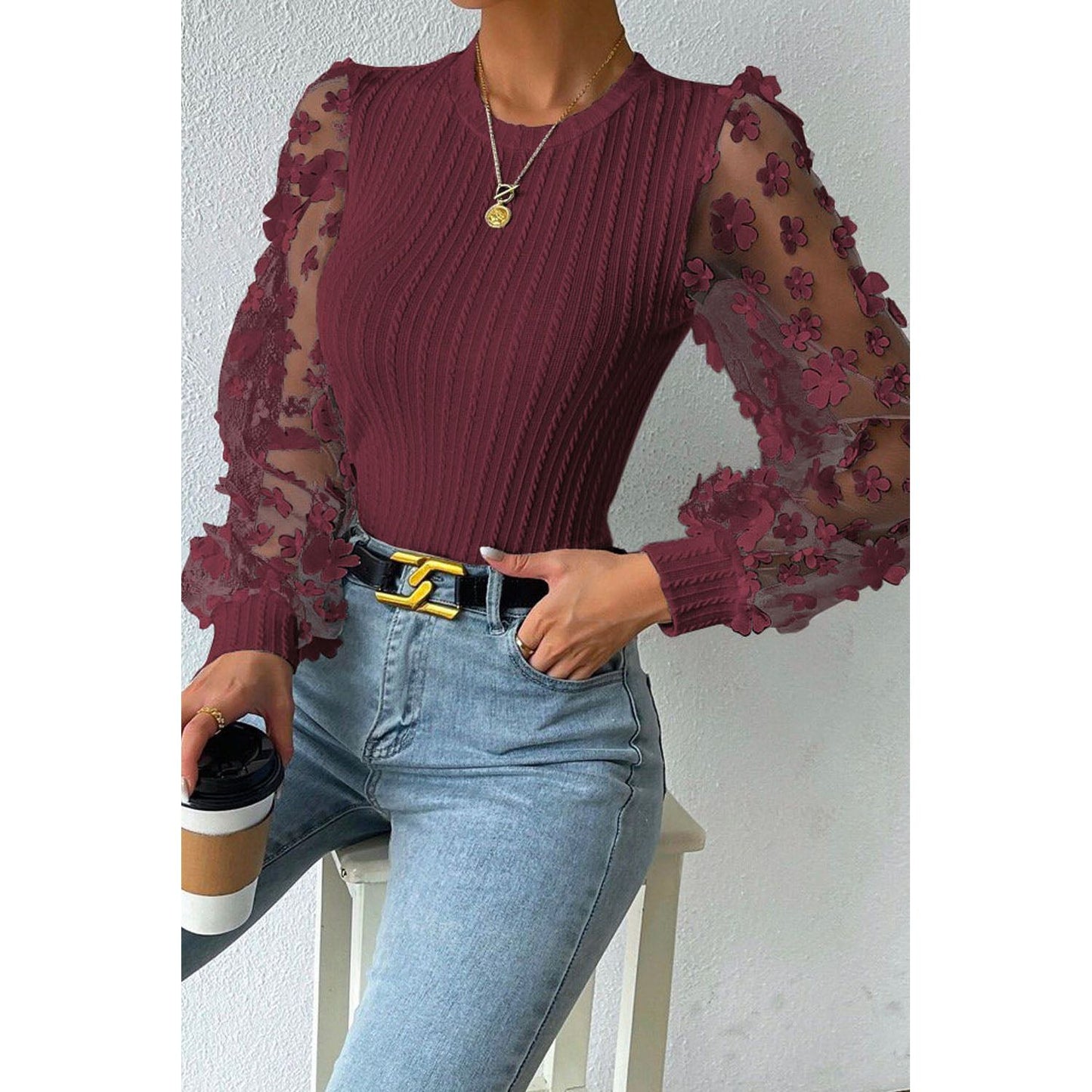 Double Take Textured Applique Long Sleeve Blouse