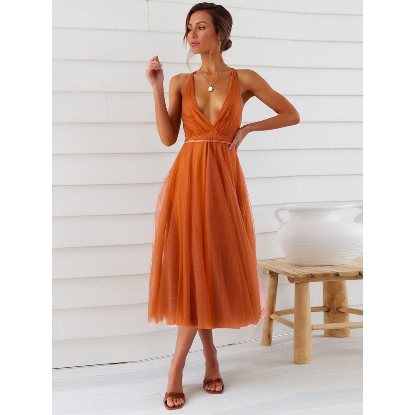 Backless Crisscross Sleeveless Midi Dress