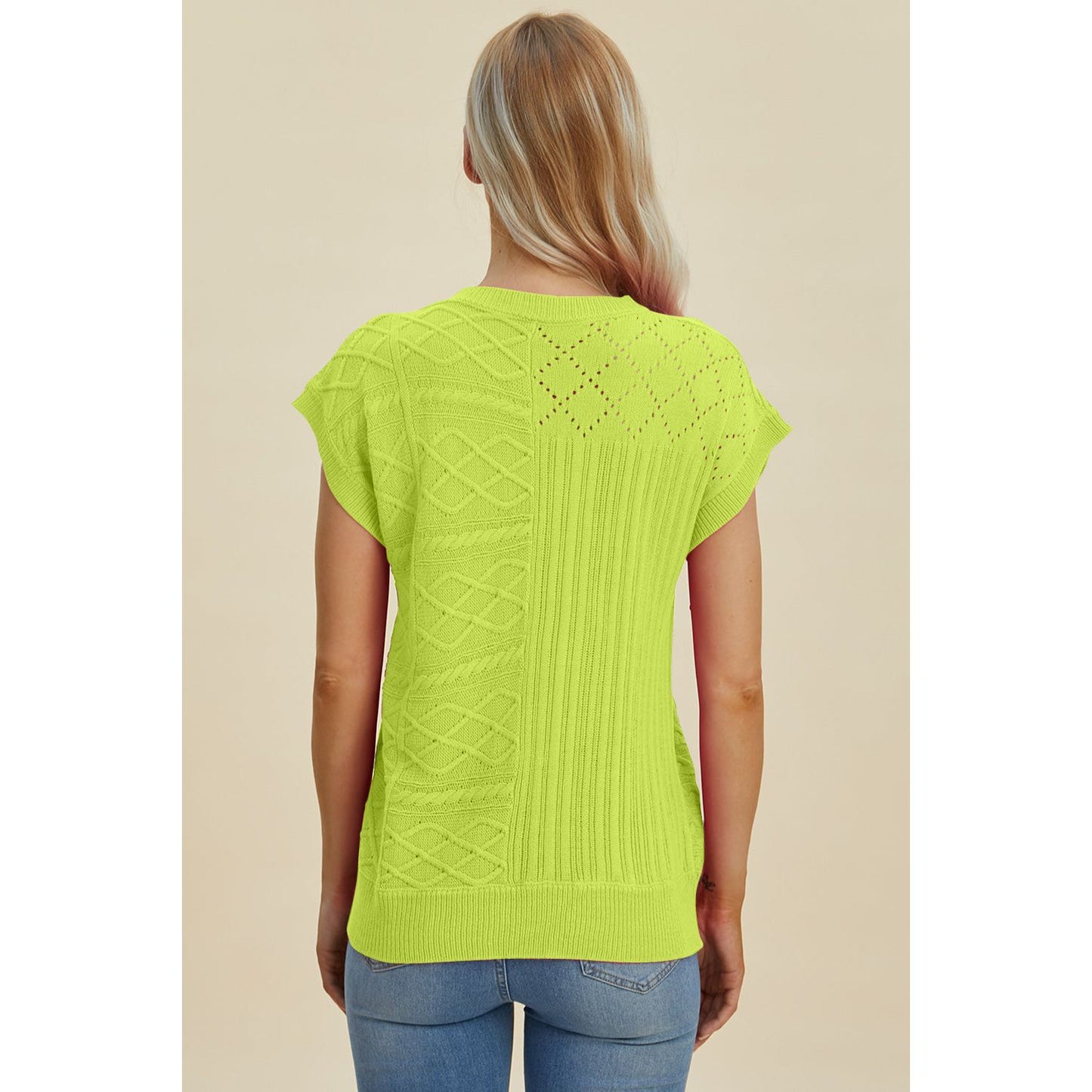 Double Take Full Size Cable-Knit Round Neck Cap Sleeve Sweater