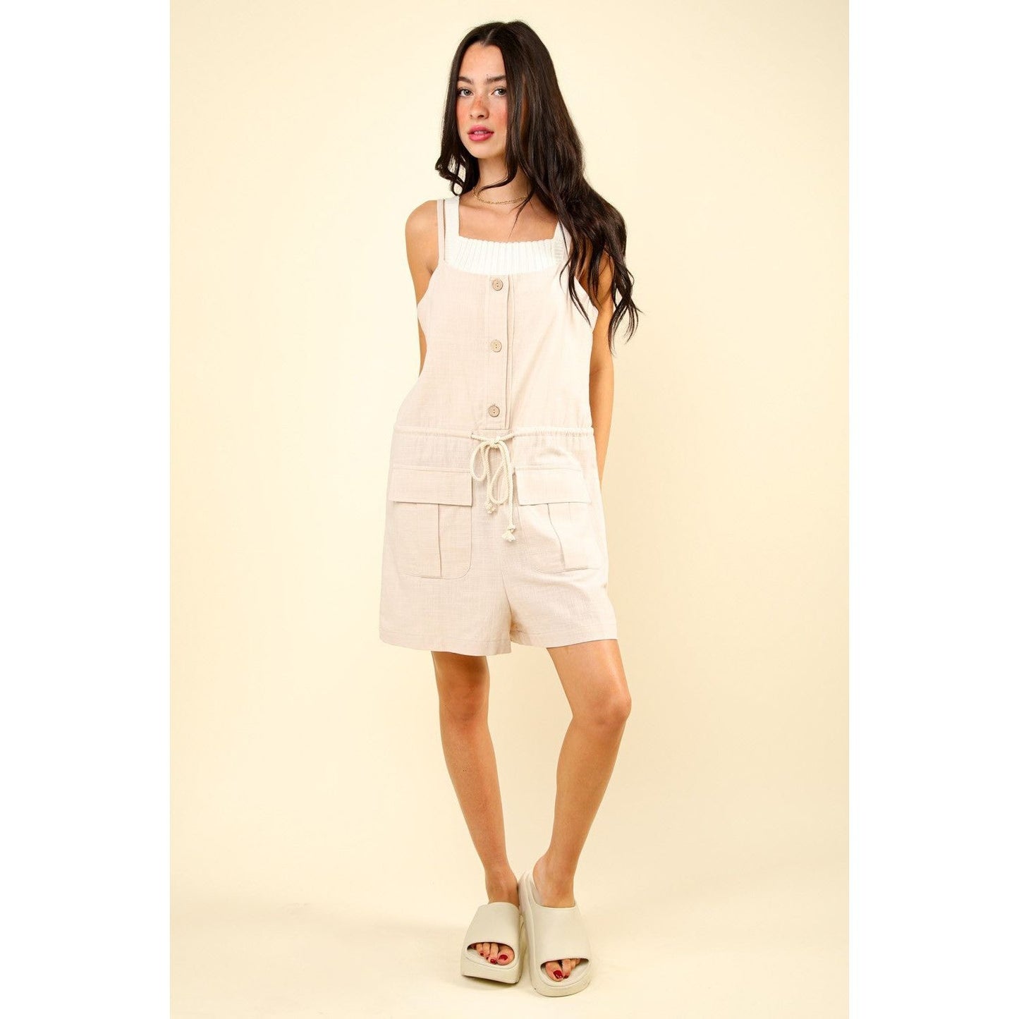 VERY J Half Button Drawstring Sleeveless Romper