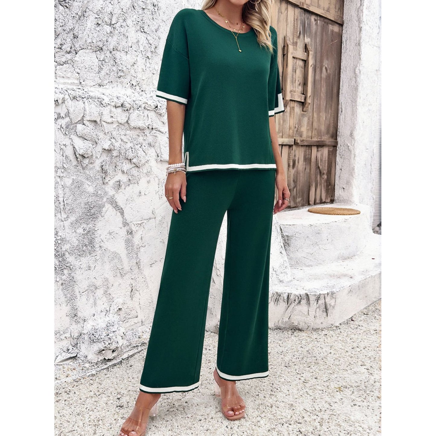 Contrast Trim Round Neck Top and Pants Set