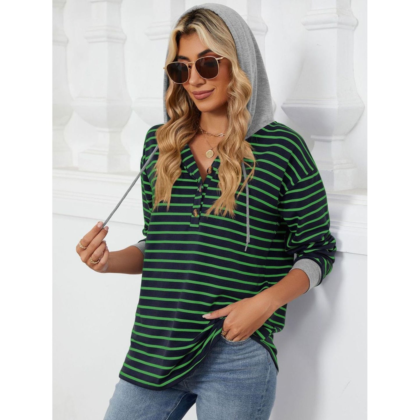 Drawstring Striped Long Sleeve Hoodie