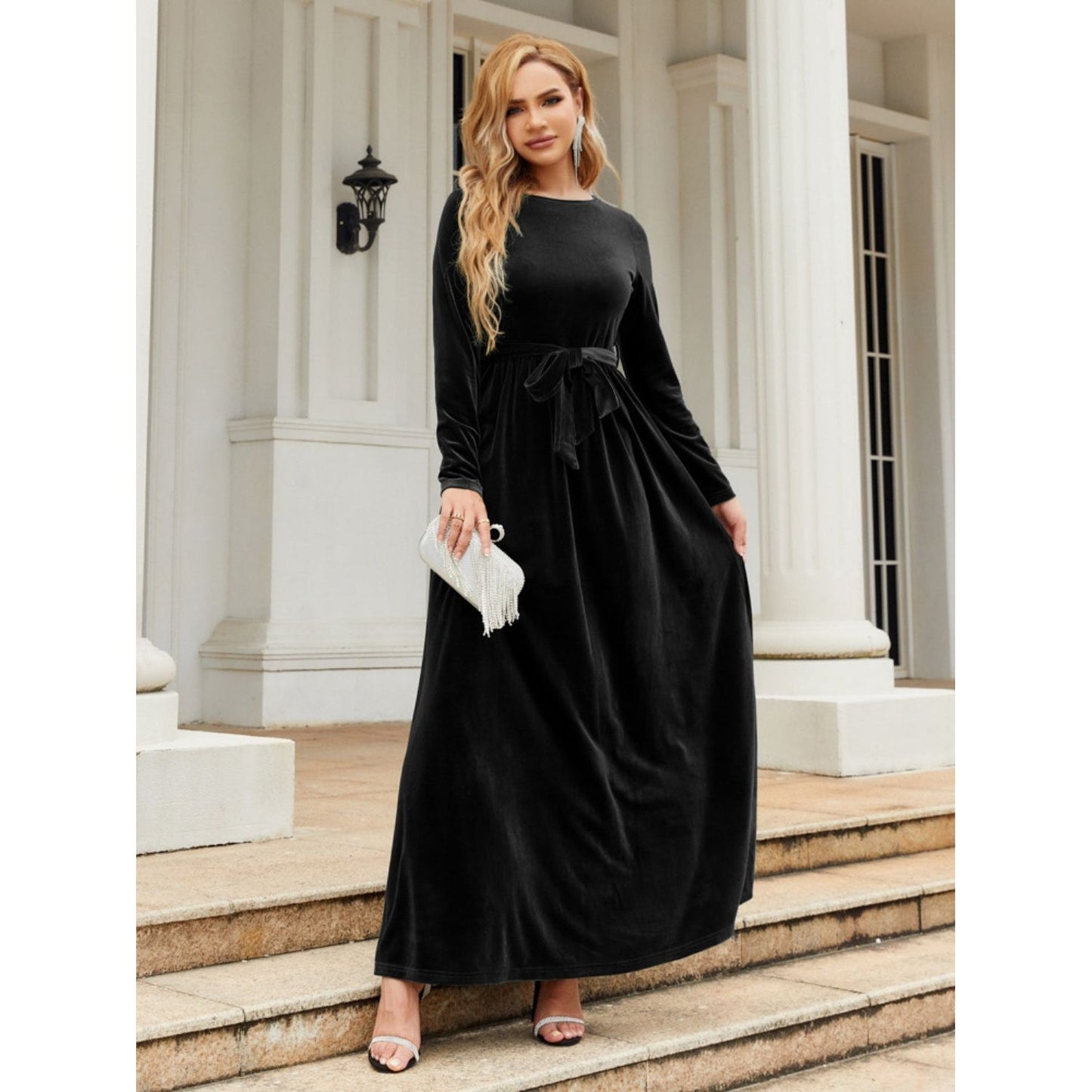 Tie Front Round Neck Long Sleeve Maxi Dress