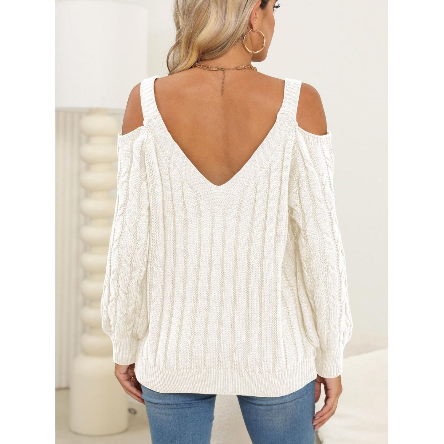 Cable-Knit V-Neck Long Sleeve Sweater