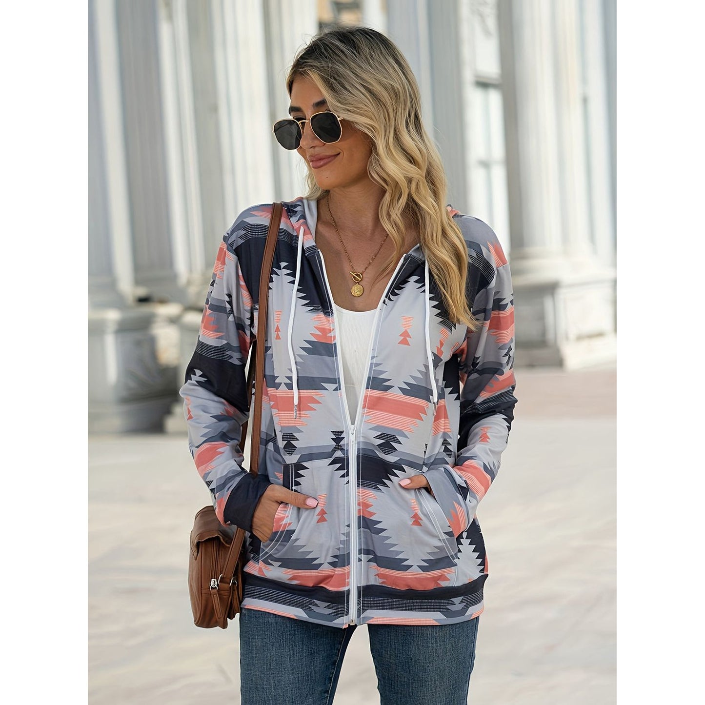 Geometric Zip Up Long Sleeve Hooded Jacket