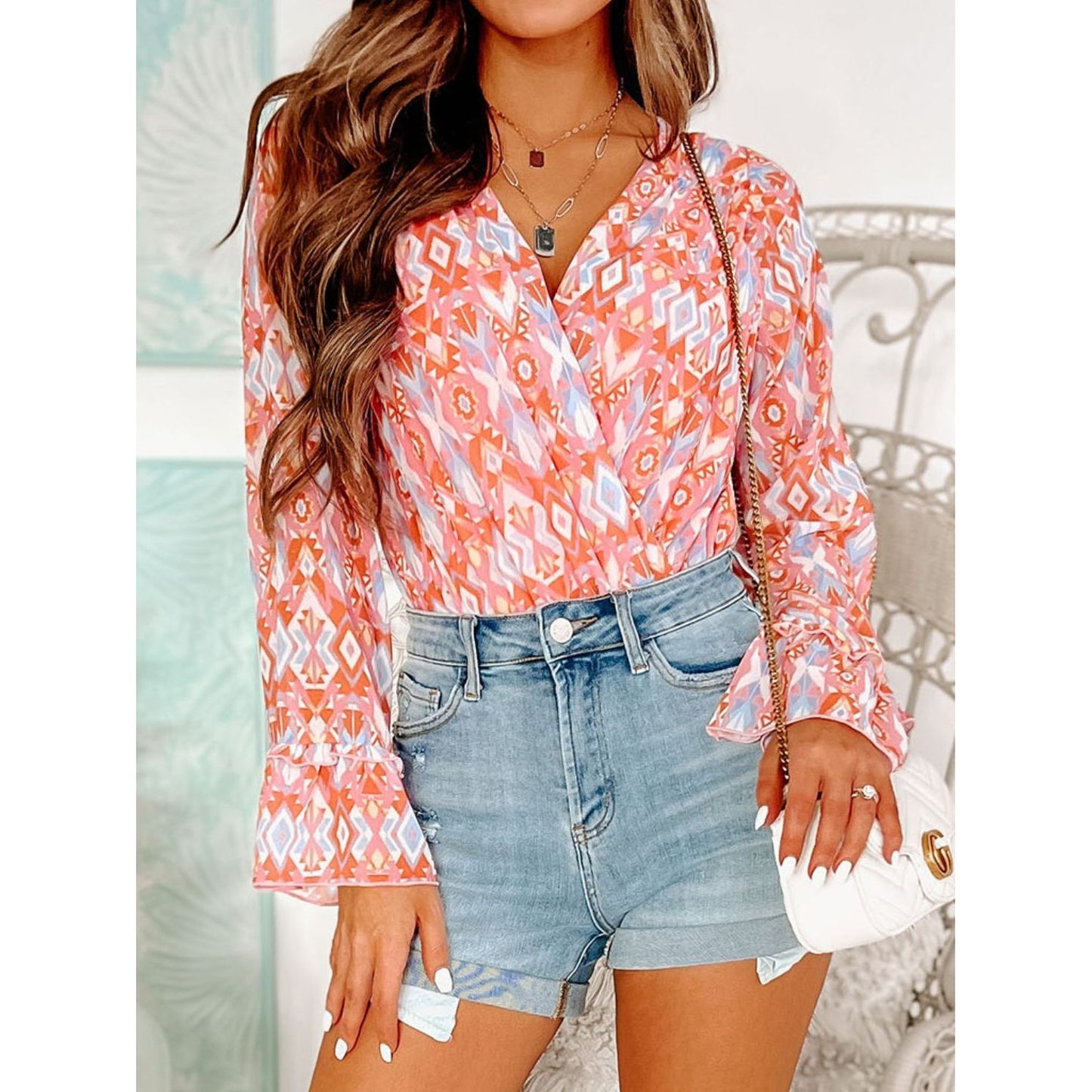 Printed Surplice Neck Frill Trim Bodysuit