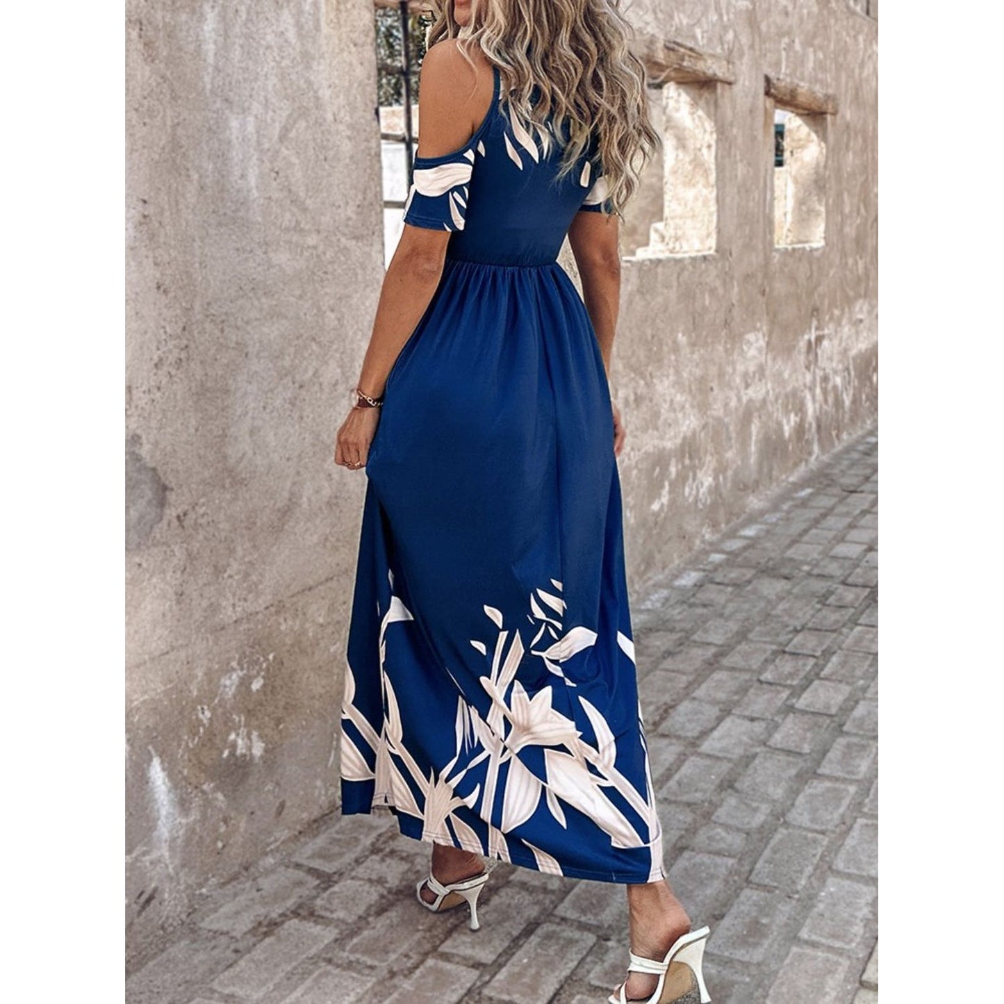 Printed Cold Shoulder Short Sleeve Maxi Dress