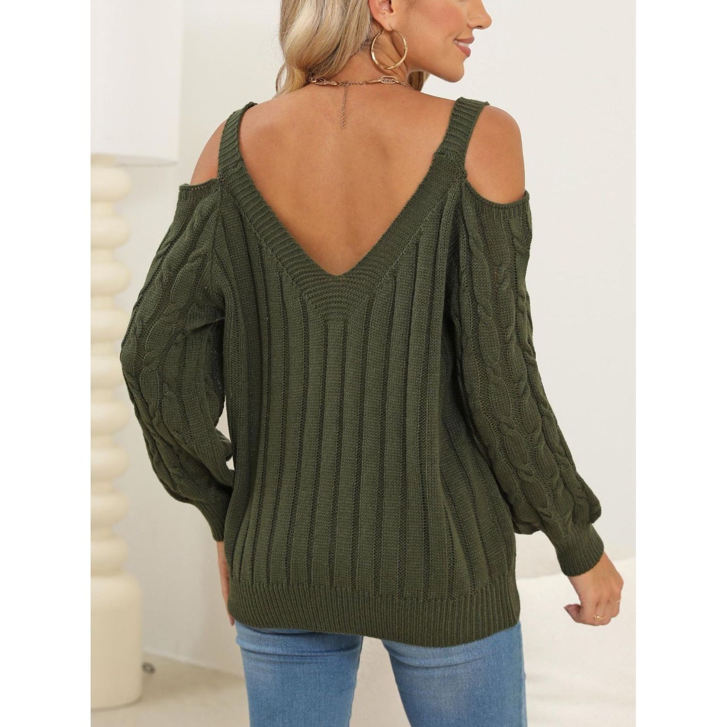 Cable-Knit V-Neck Long Sleeve Sweater