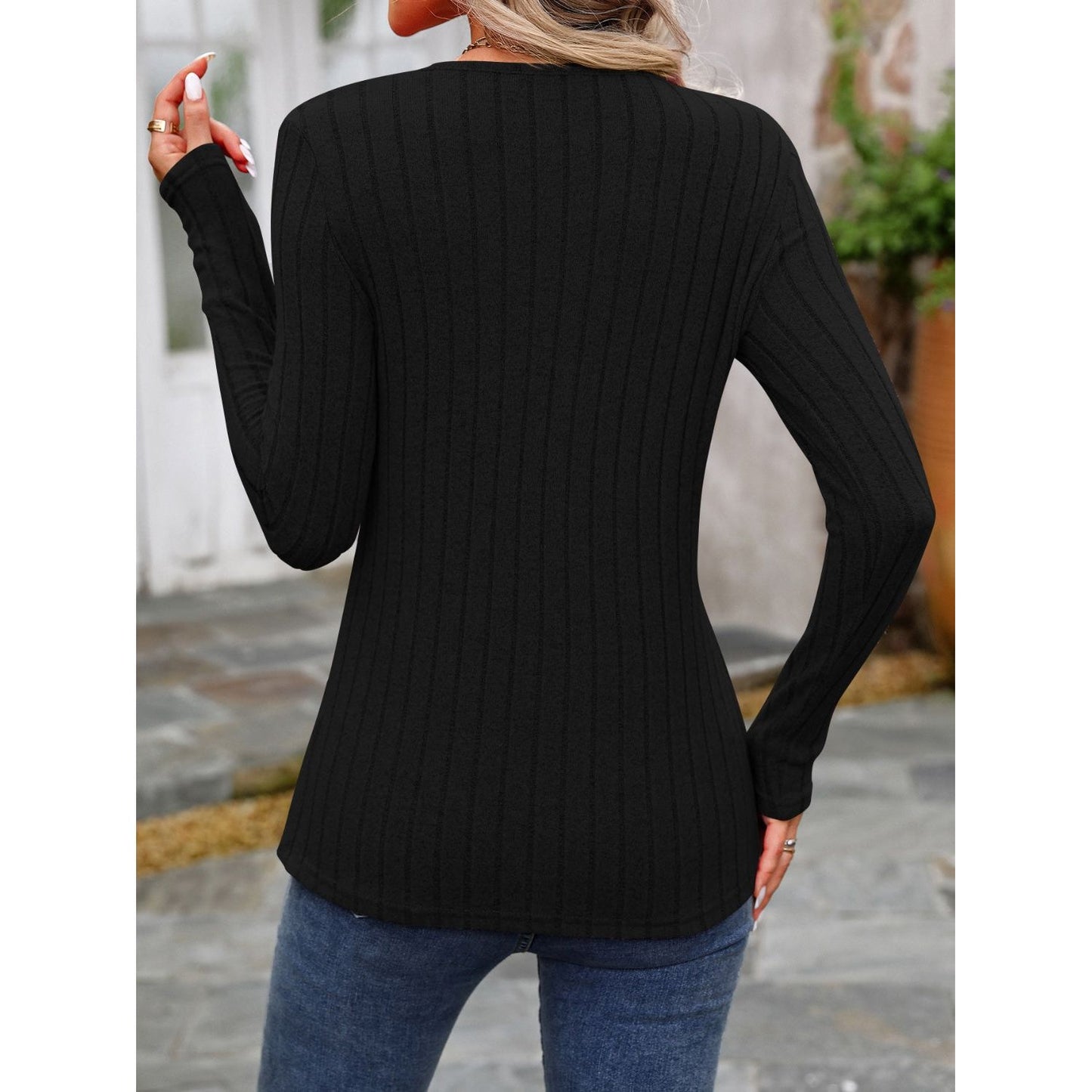 Decorative Button Round Neck Long Sleeve T-Shirt