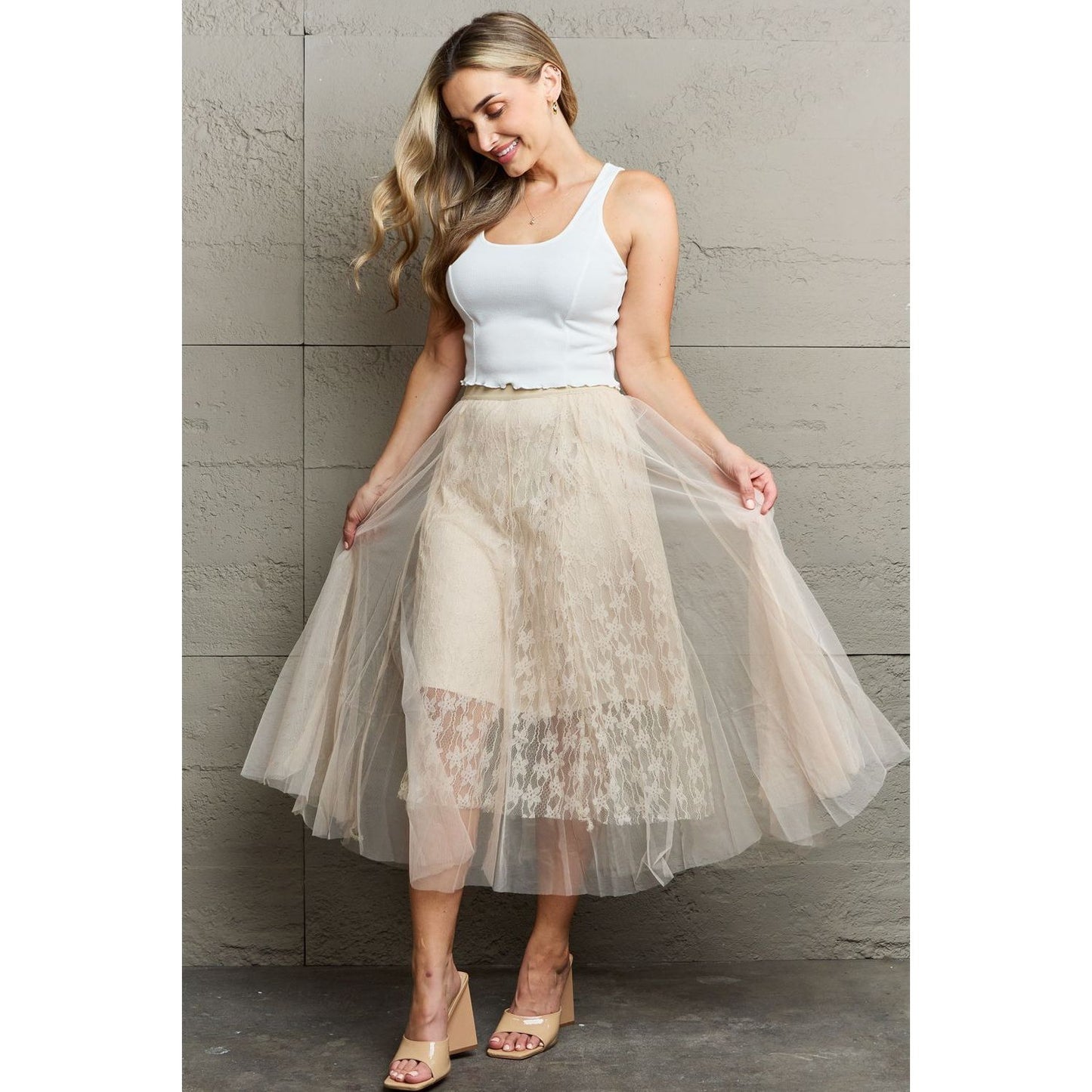 Ninexis Lace Flowy Midi Skirt