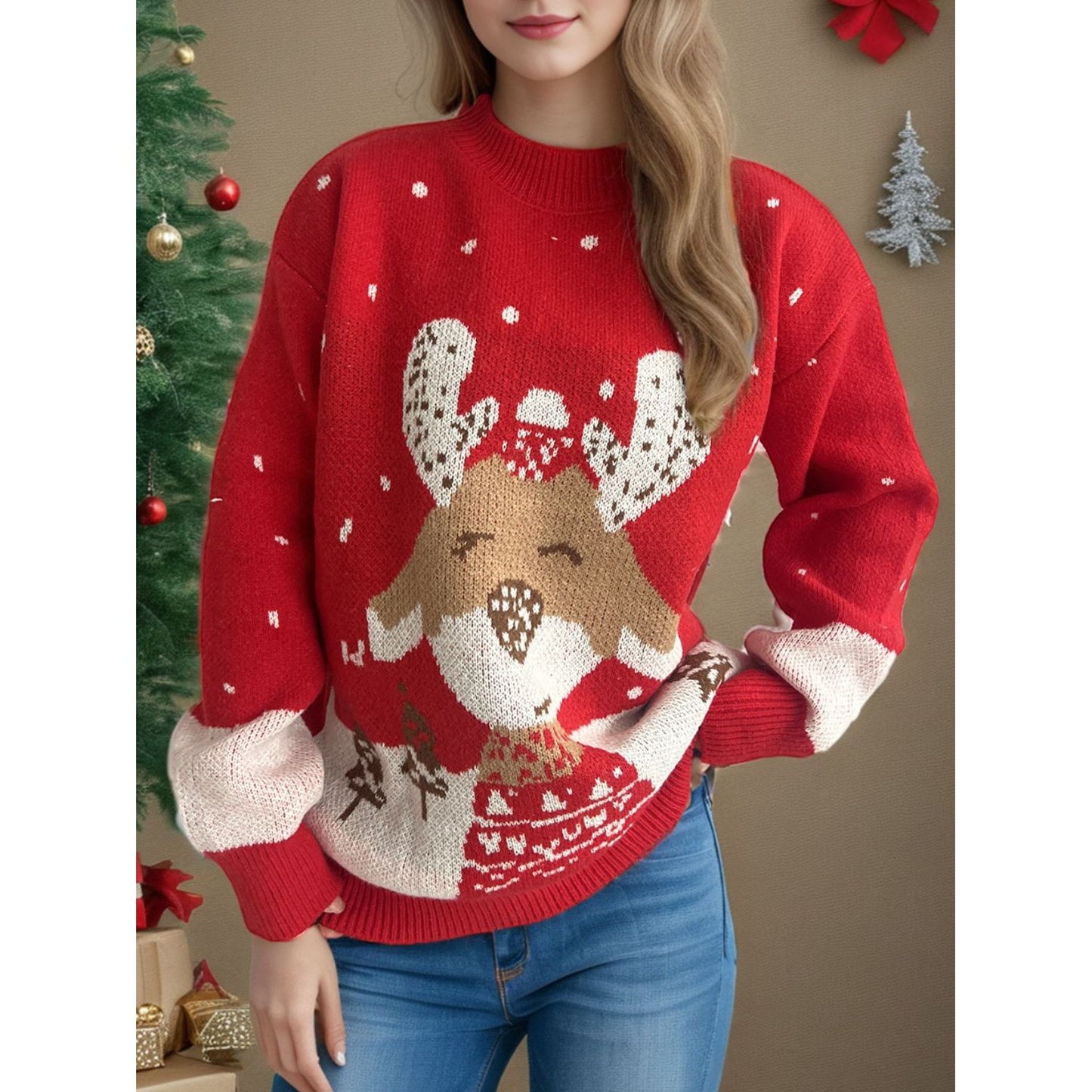 Reindeer Mock Neck Long Sleeve Sweater