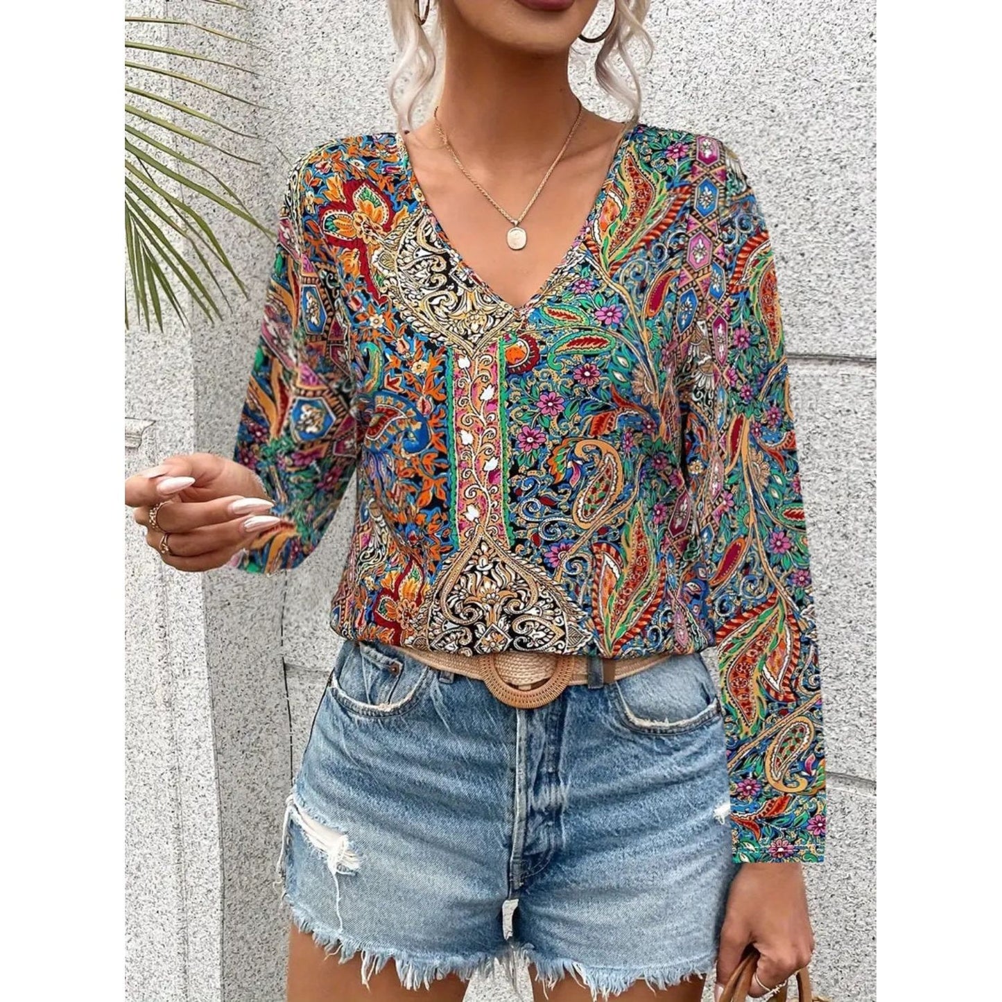 Printed V-Neck Long Sleeve Blouse