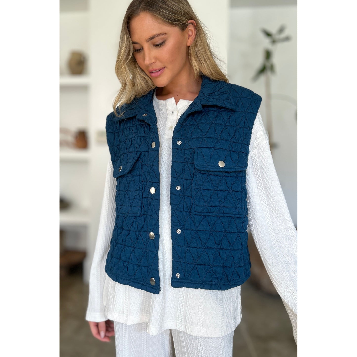 Double Take Full Size Pocketed Texture Snap Down Vest Coat