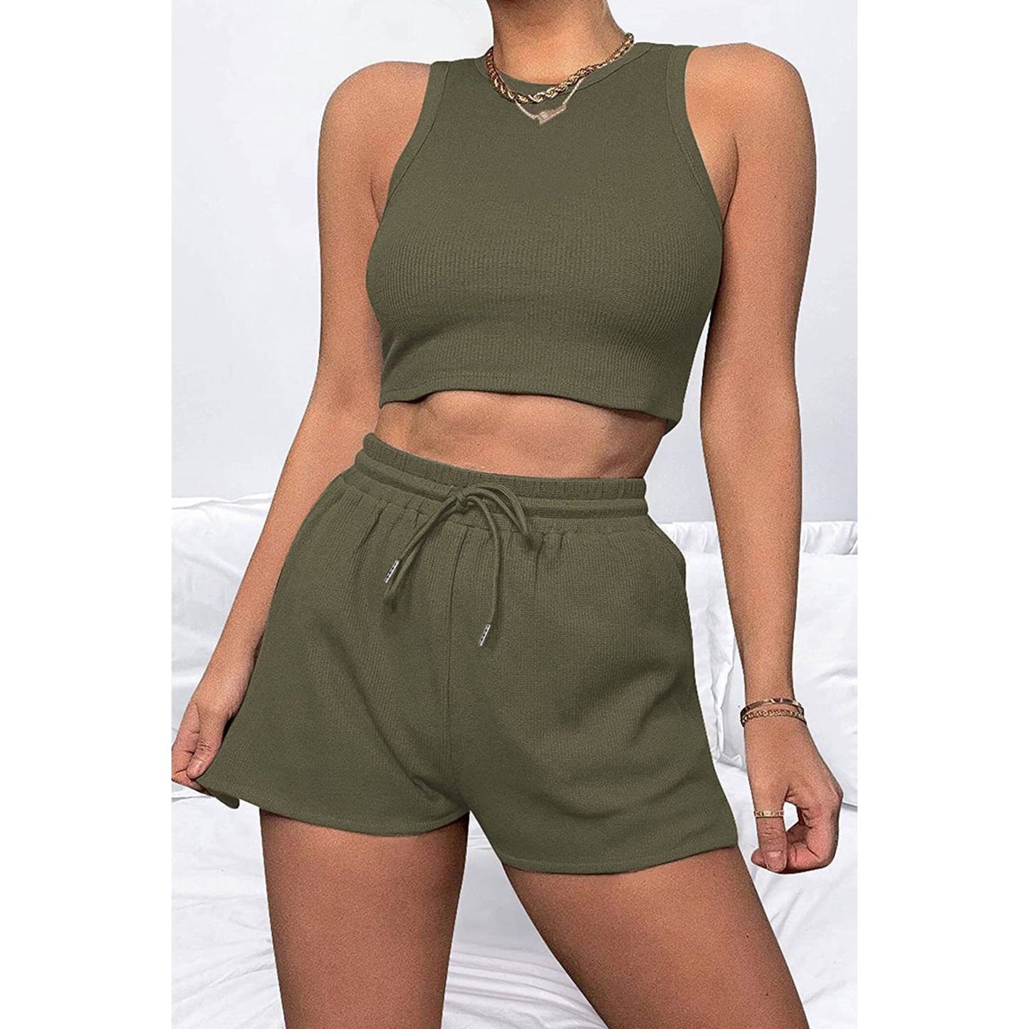 Round Neck Top and Drawstring Shorts Set