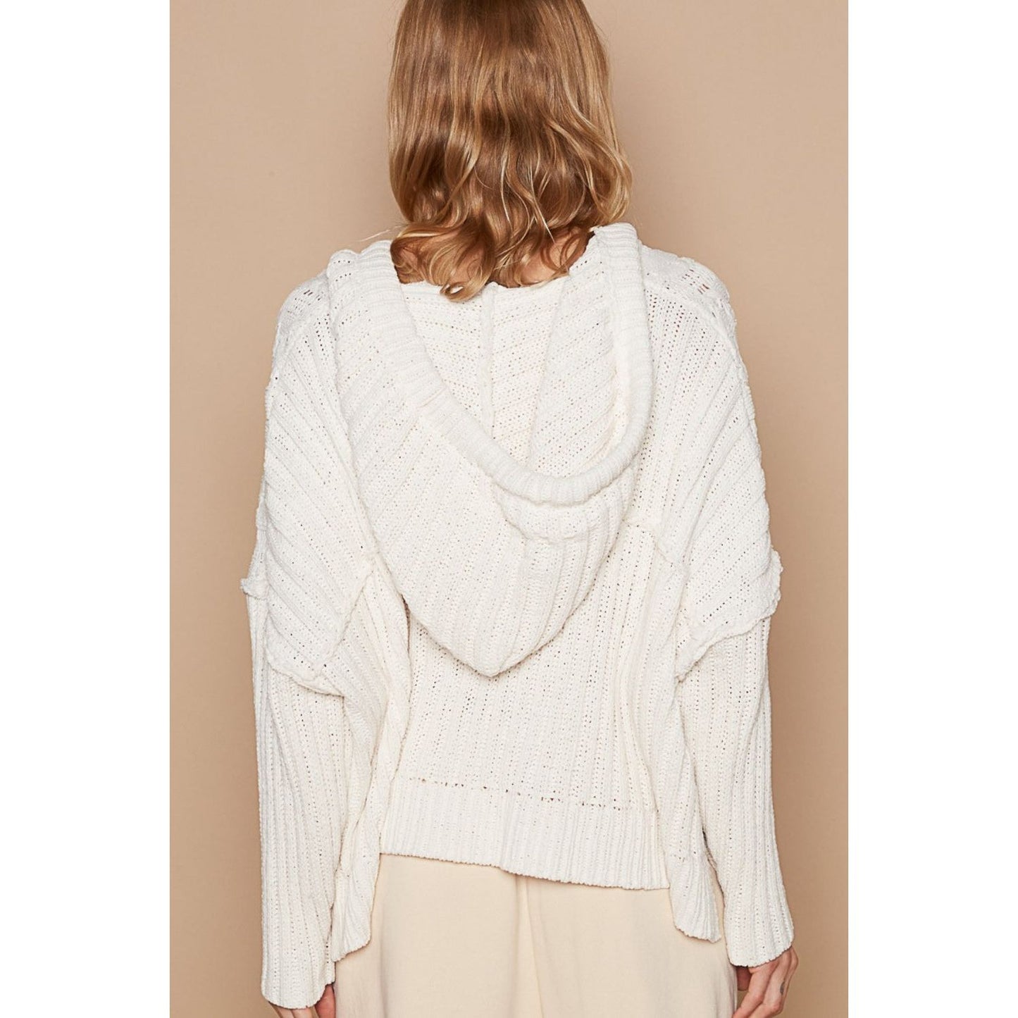 POL Rib Weave Sleeves Hooded Cable Knit Sweater