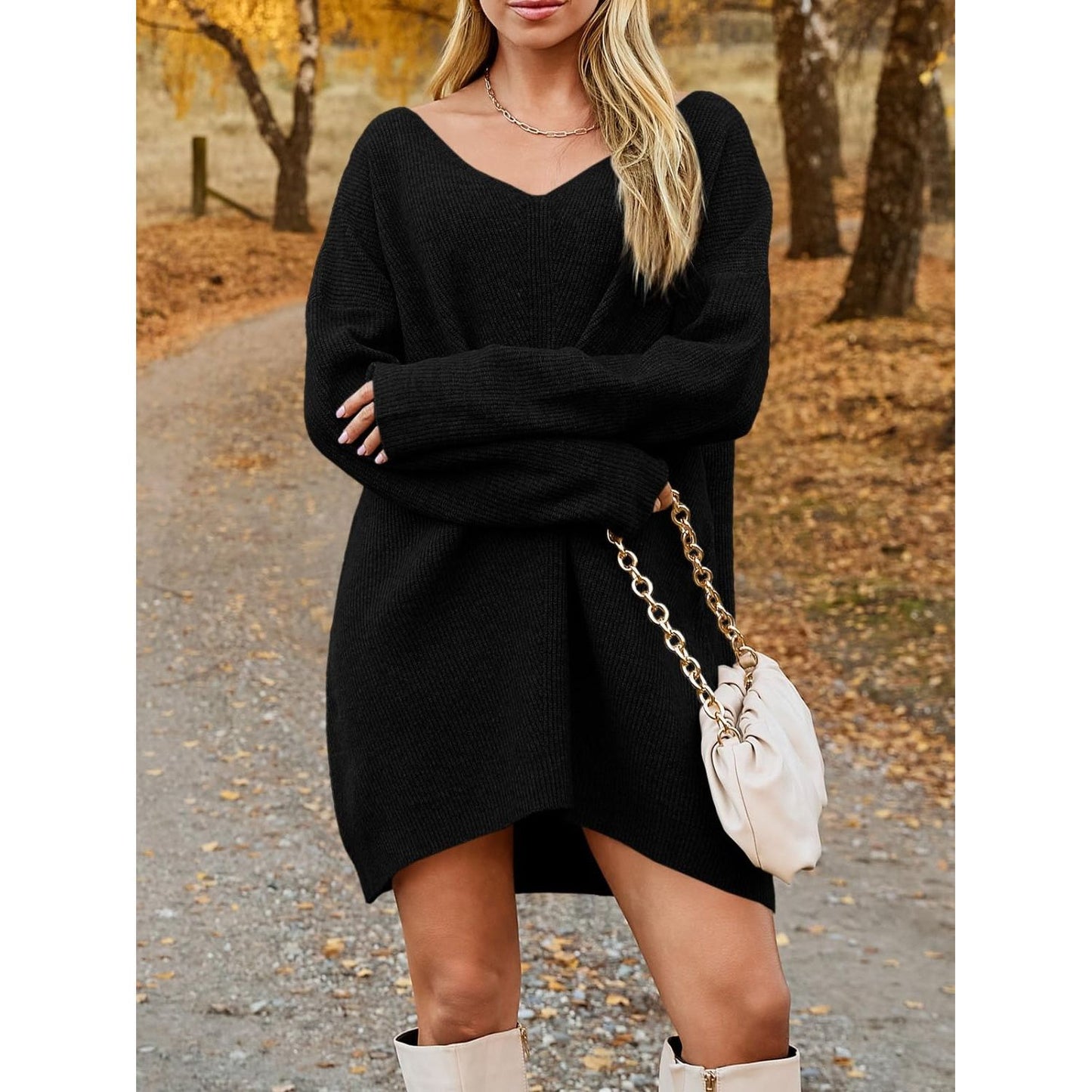 V-Neck Dropped Shoulder Sweater Dress