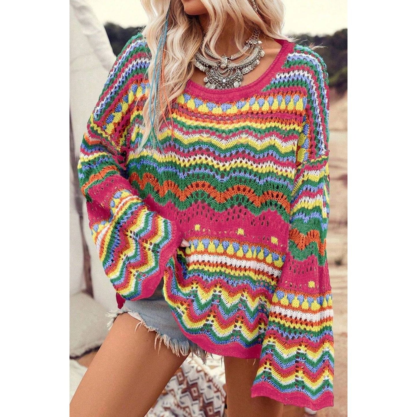 Openwork Round Neck Long Sleeve Knit Top