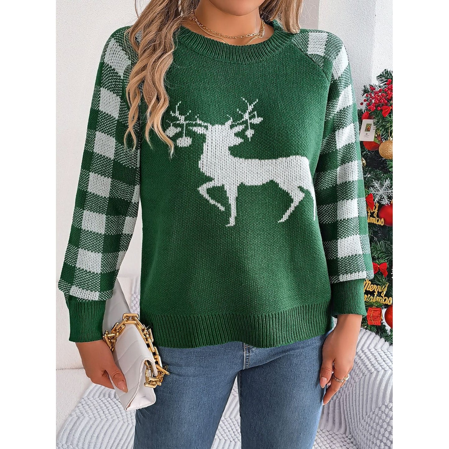 Reindeer Plaid Round Neck Long Sleeve Sweater