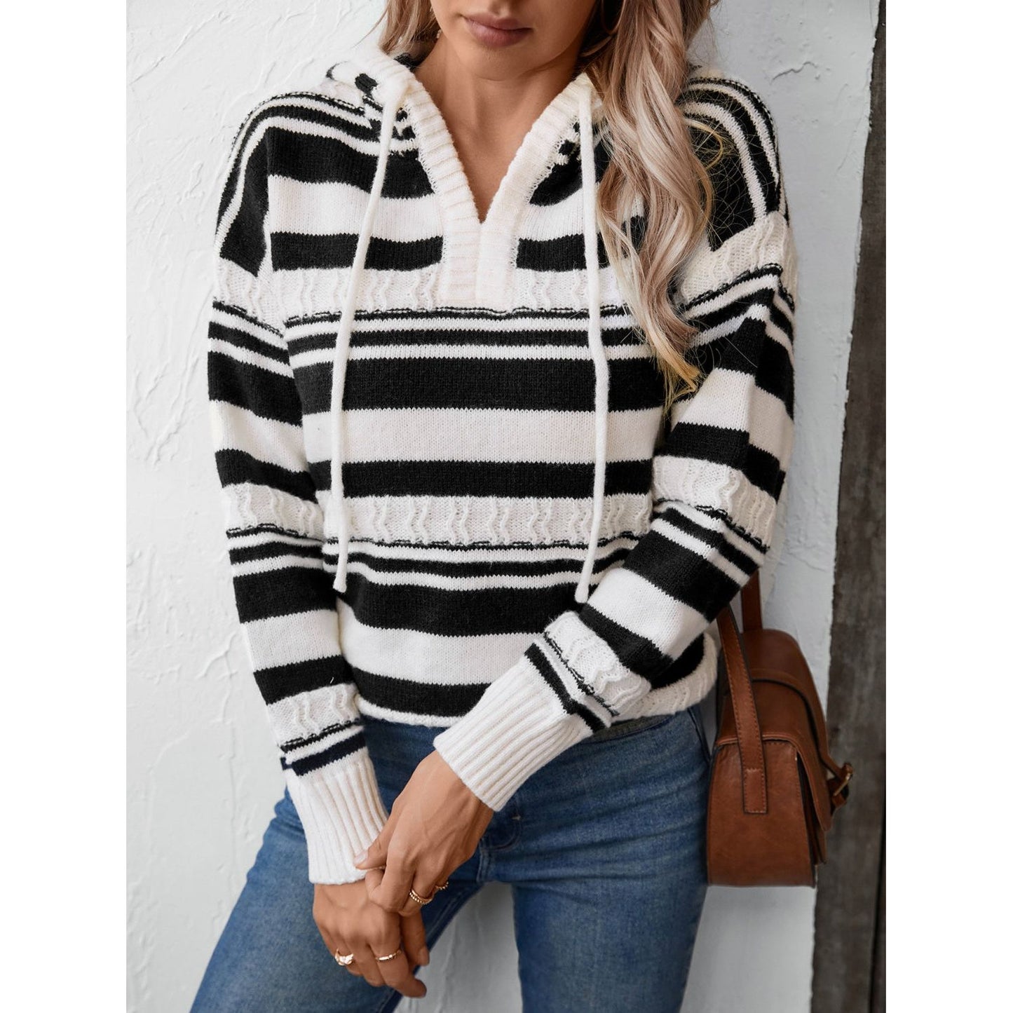 Drawstring Striped Long Sleeve Hooded Sweater