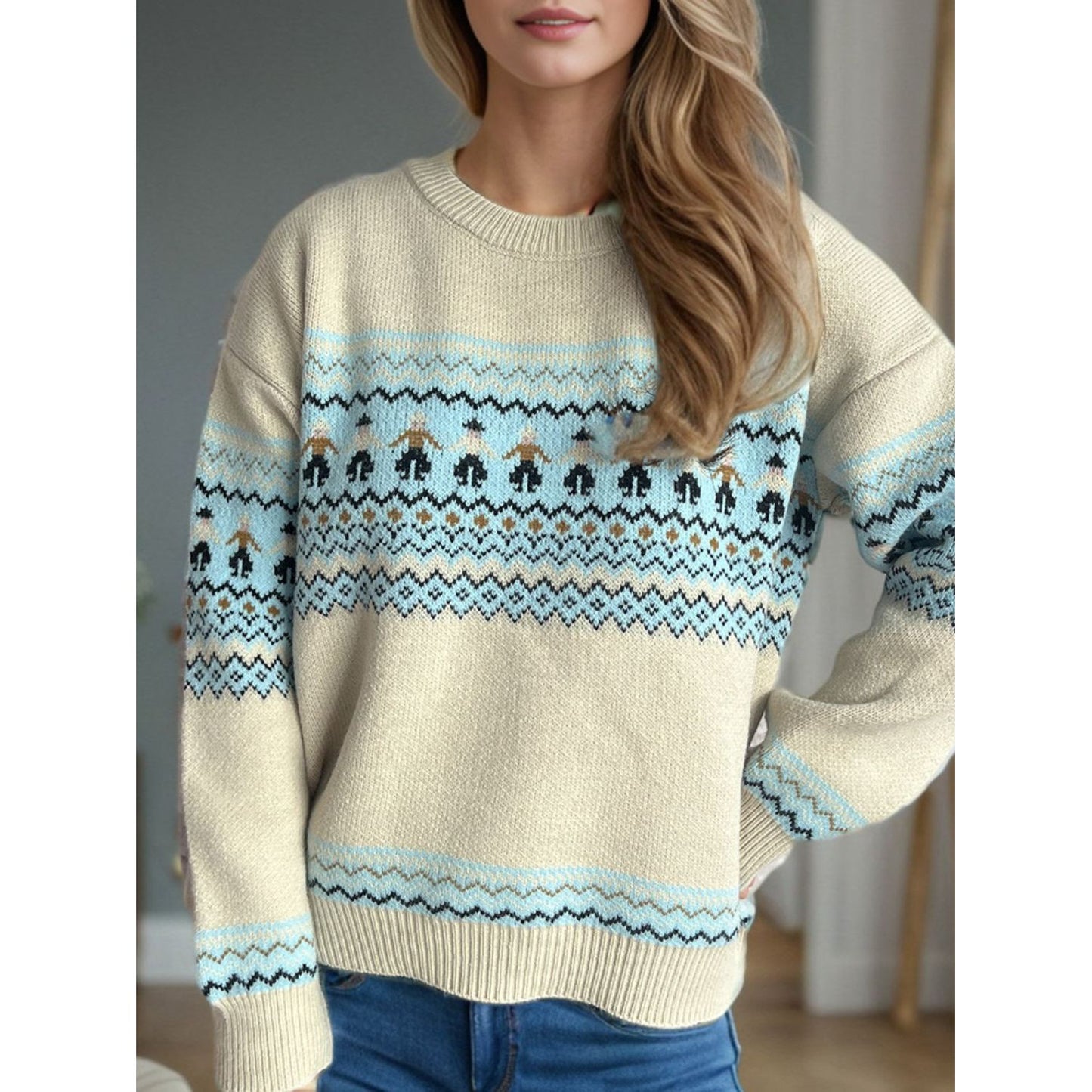 Contrast Round Neck Dropped Shoulder Sweater