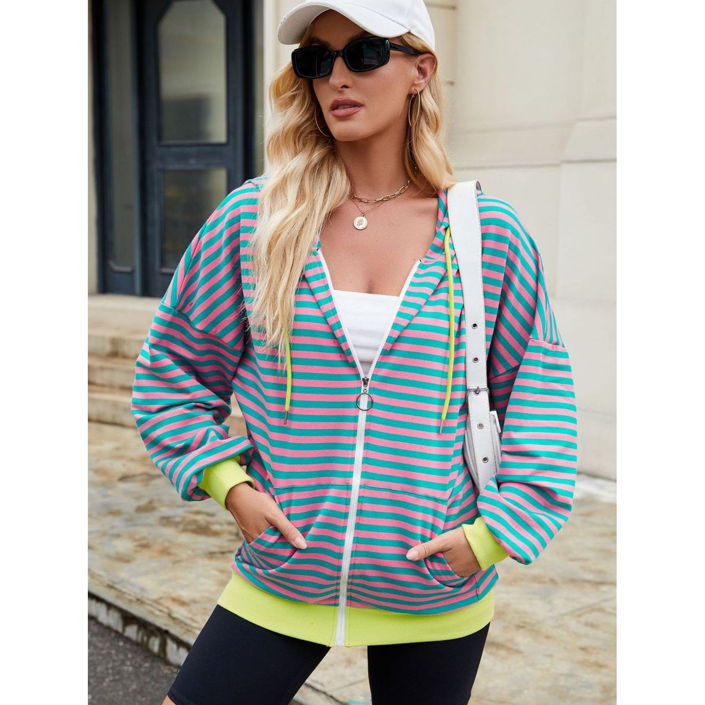 Drawstring Striped Zip Up Long Sleeve Hoodie