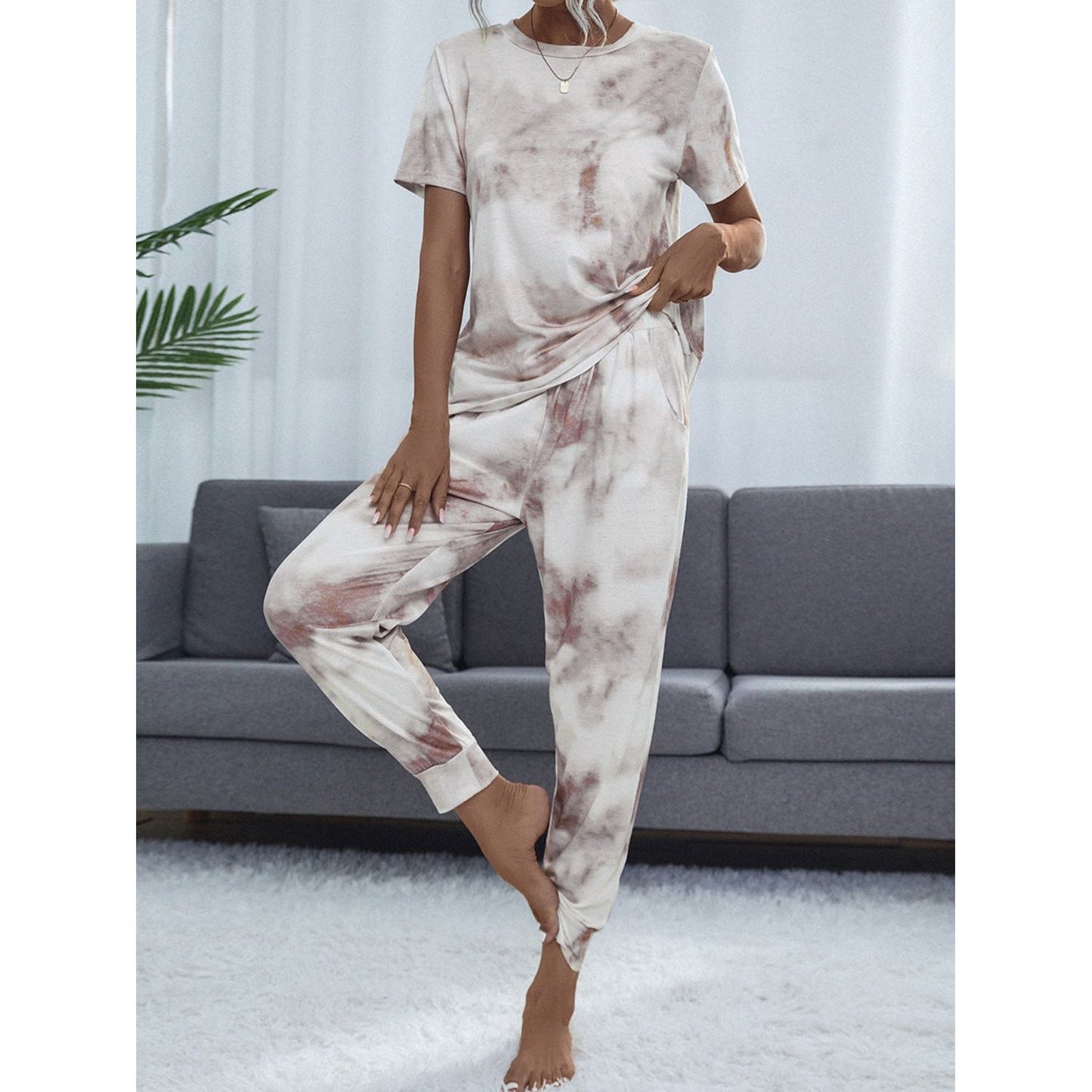 Shiny Tie-Dye Round Neck Short Sleeve Top and Pants Lounge Set