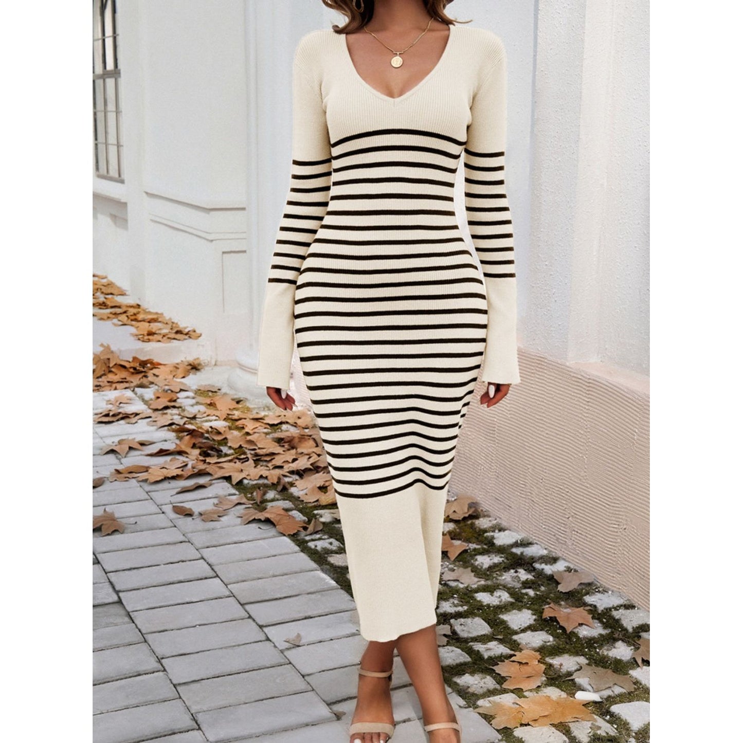 Devine Striped V-Neck Long Sleeve Sweater Dress