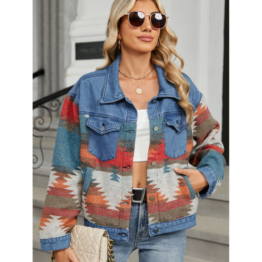 Geometric Button Up Long Sleeve Denim Jacket