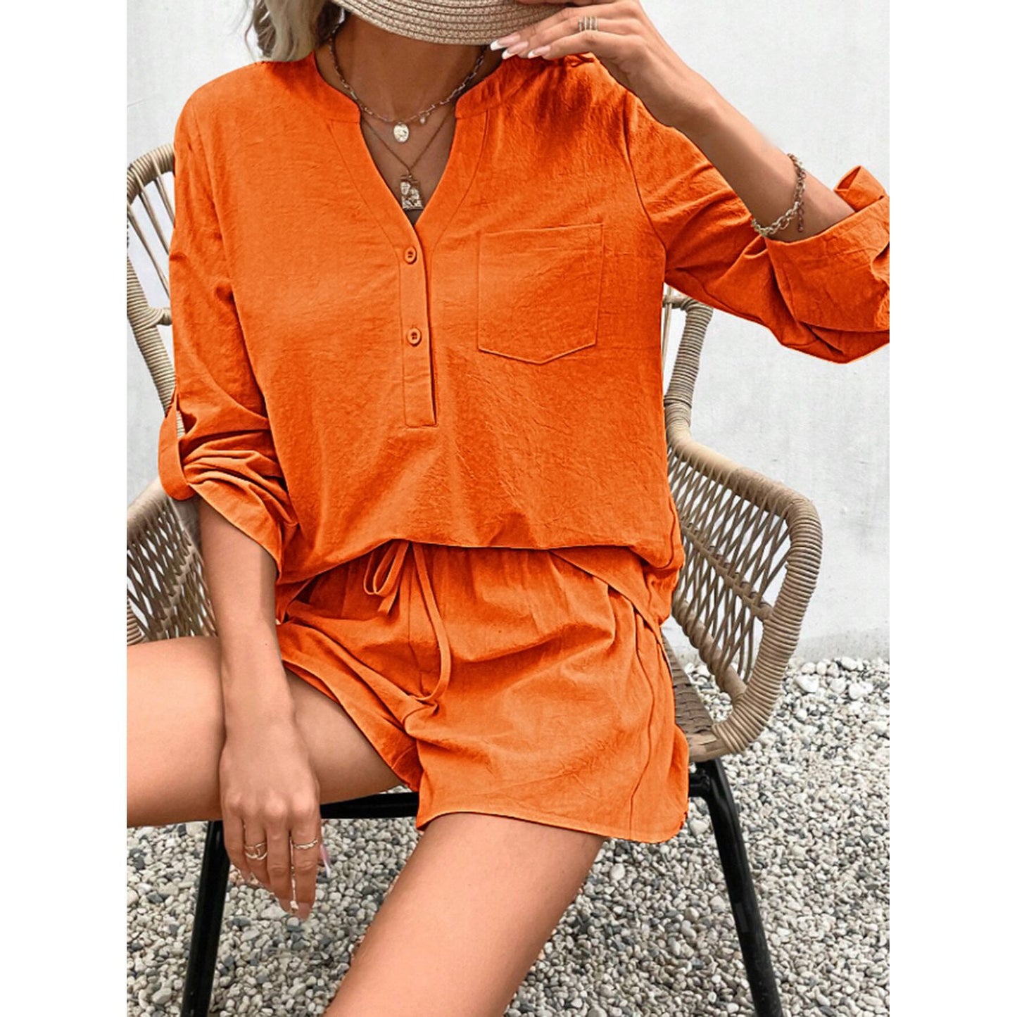 Notched Long Sleeve Top and Shorts Set