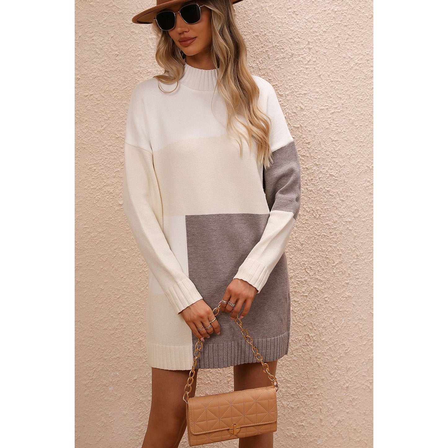 Color Block Mock Neck Dropped Shoulder Sweater Dress