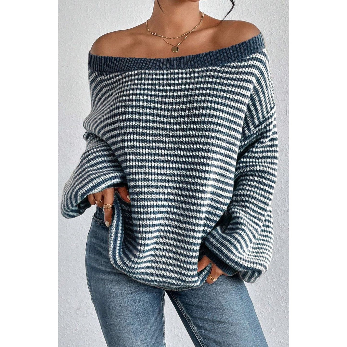 Striped Boat Neck Long Sleeve Sweater