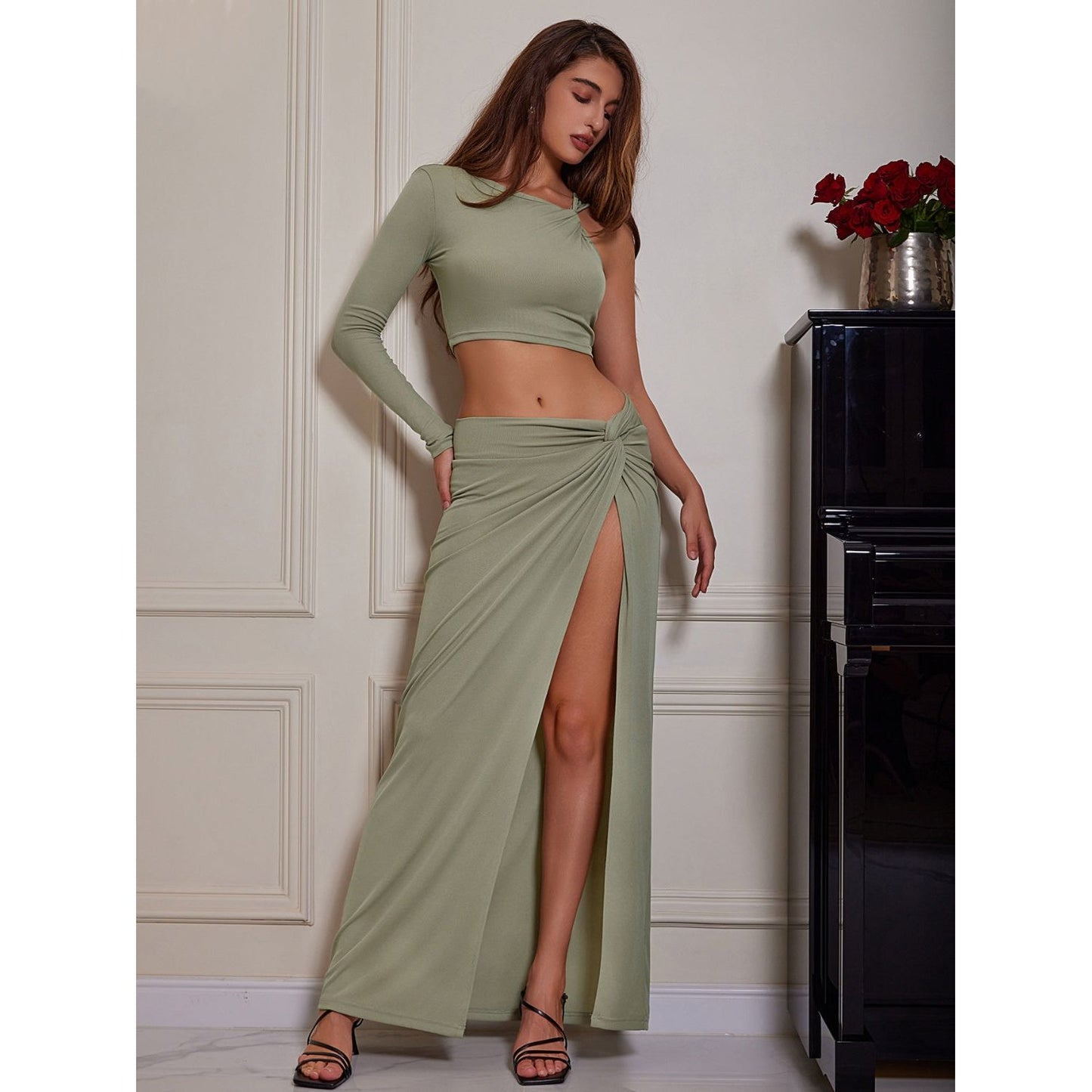 Single Shoulder Top and Split Skirt Set