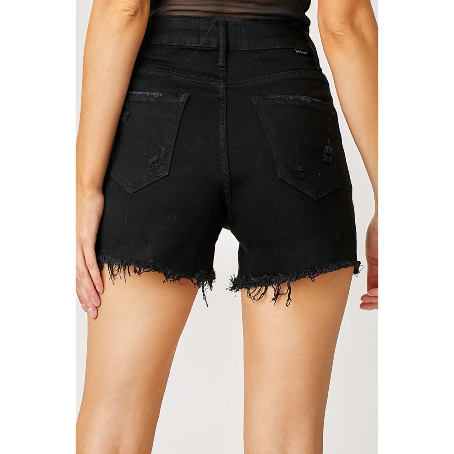 RISEN Frayed Hem Denim Shorts with Fringe Detail Pockets