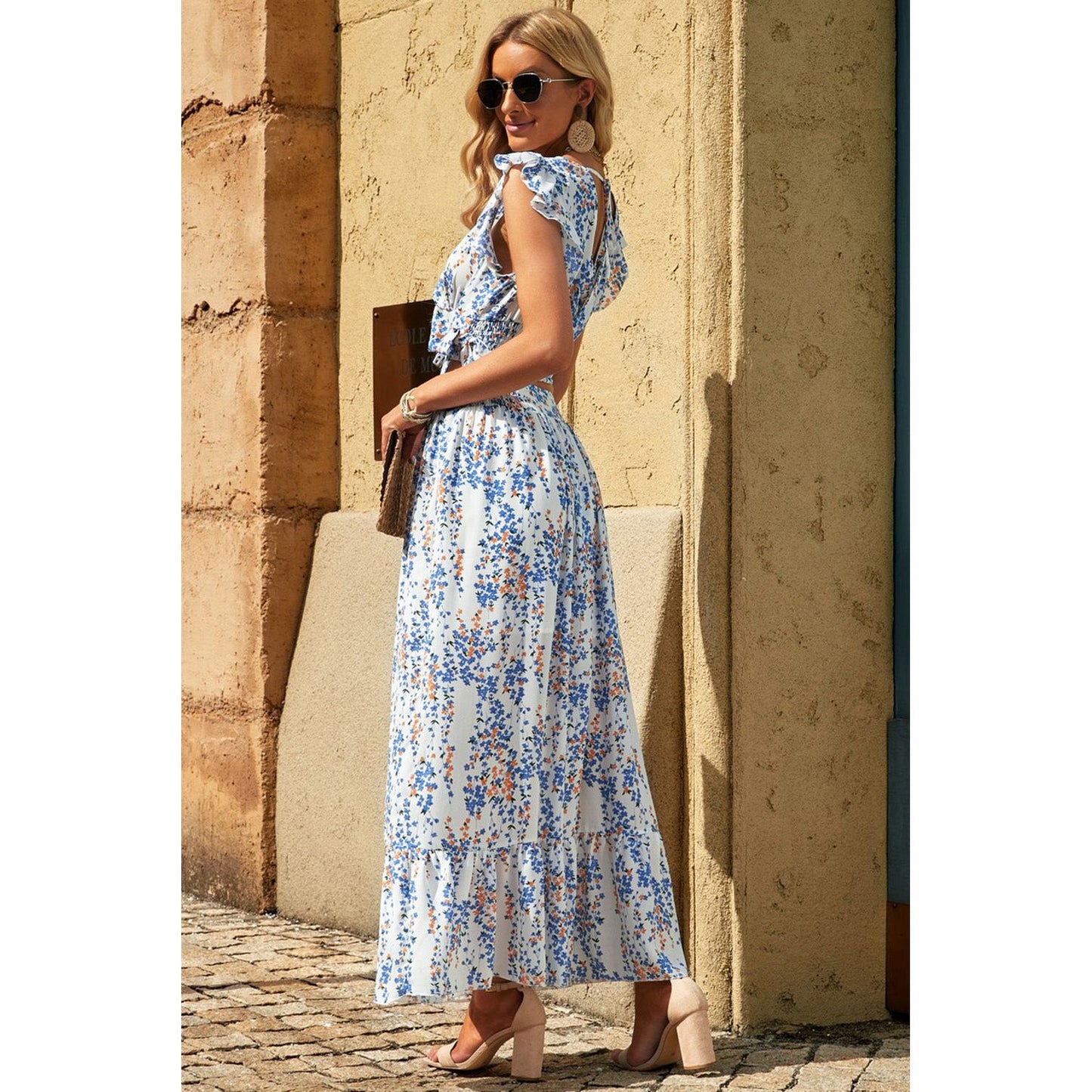 Printed Tie Back Cropped Top and Maxi Skirt Set