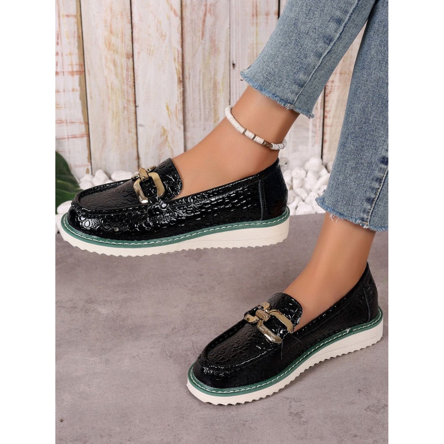 PU Leather Buckle Trim Loafers