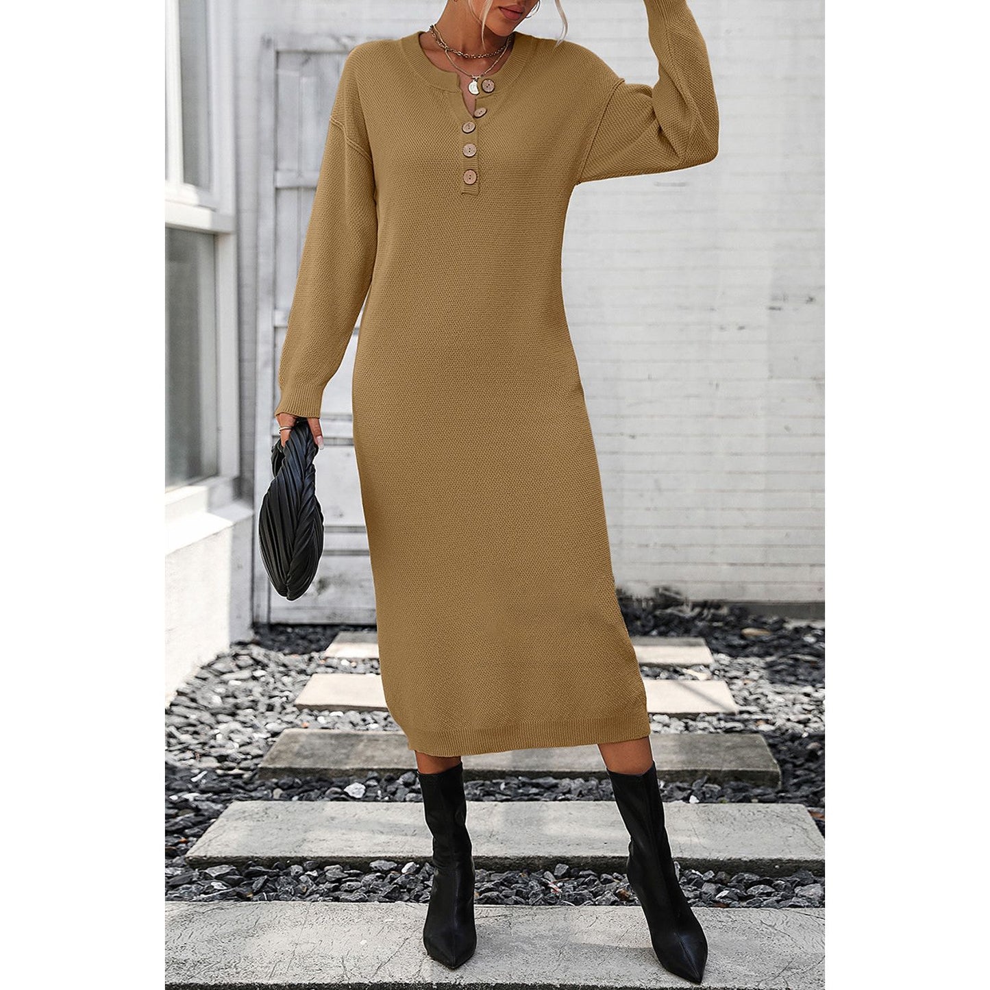 Decorative Button Notched Dropped Shoulder Sweater Dress