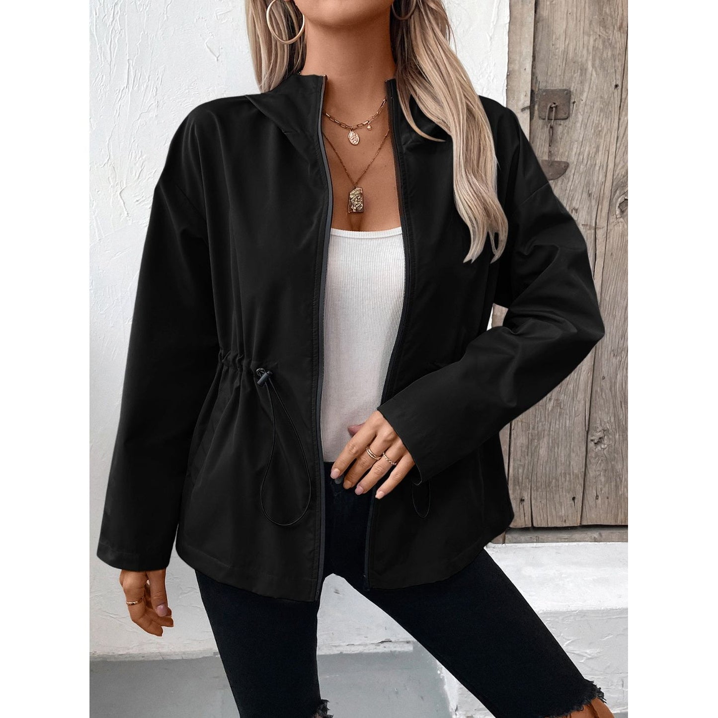 Drawstring Zip Up Hooded Jacket