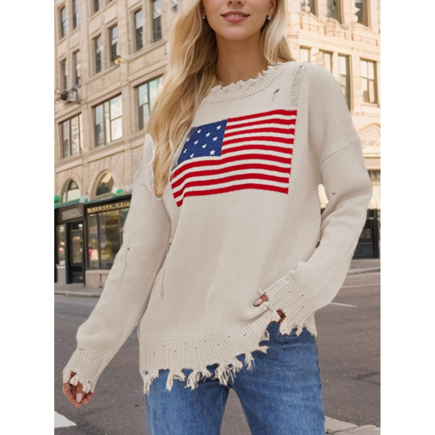 US Flag Distressed Round Neck Long Sleeve Sweater