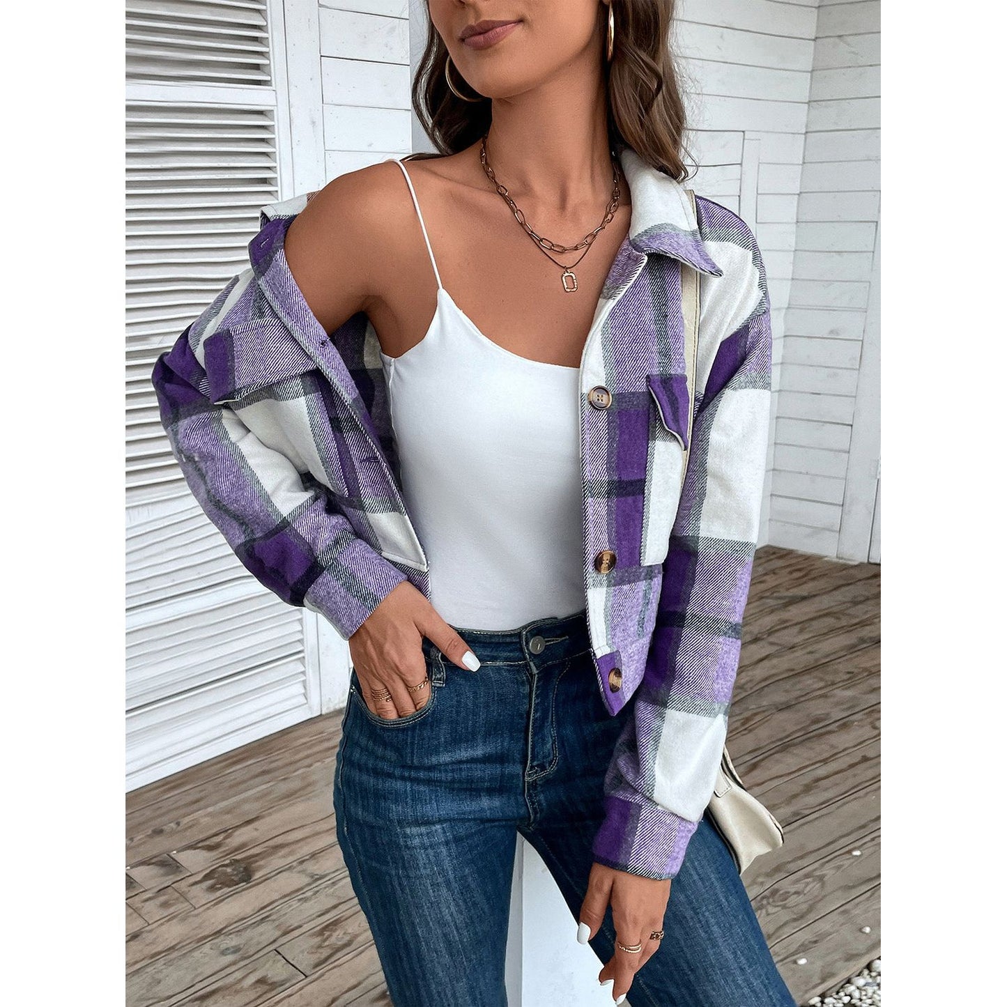 Perfee Plaid Button Up Drop Shoulder Cropped Jacket