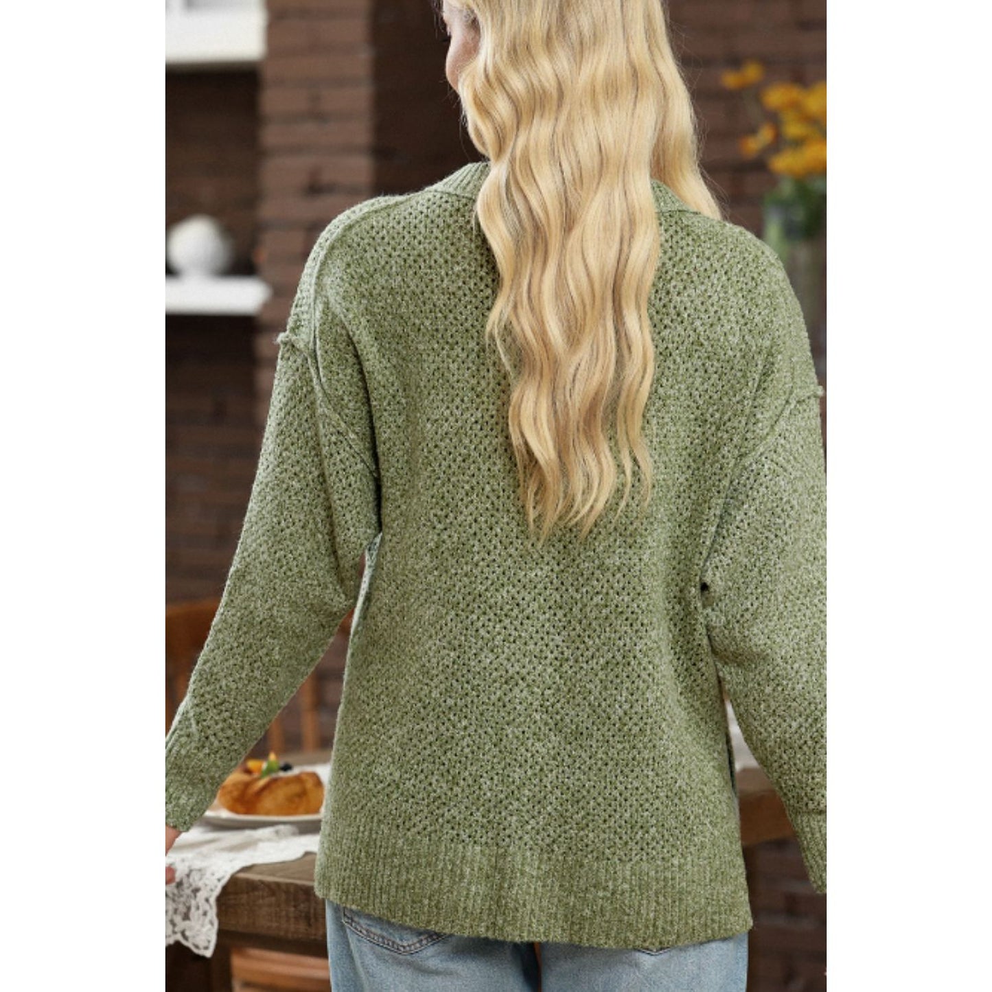 V-Neck Dropped Shoulder Long Sleeve Sweater