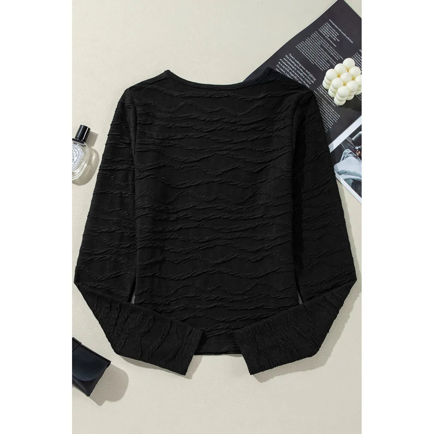 Textured Round Neck Long Sleeve Blouse