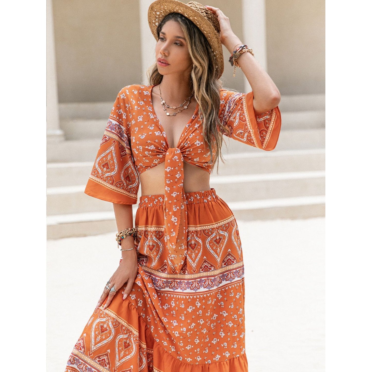 Printed Plunge Half Sleeve Top and Skirt Set