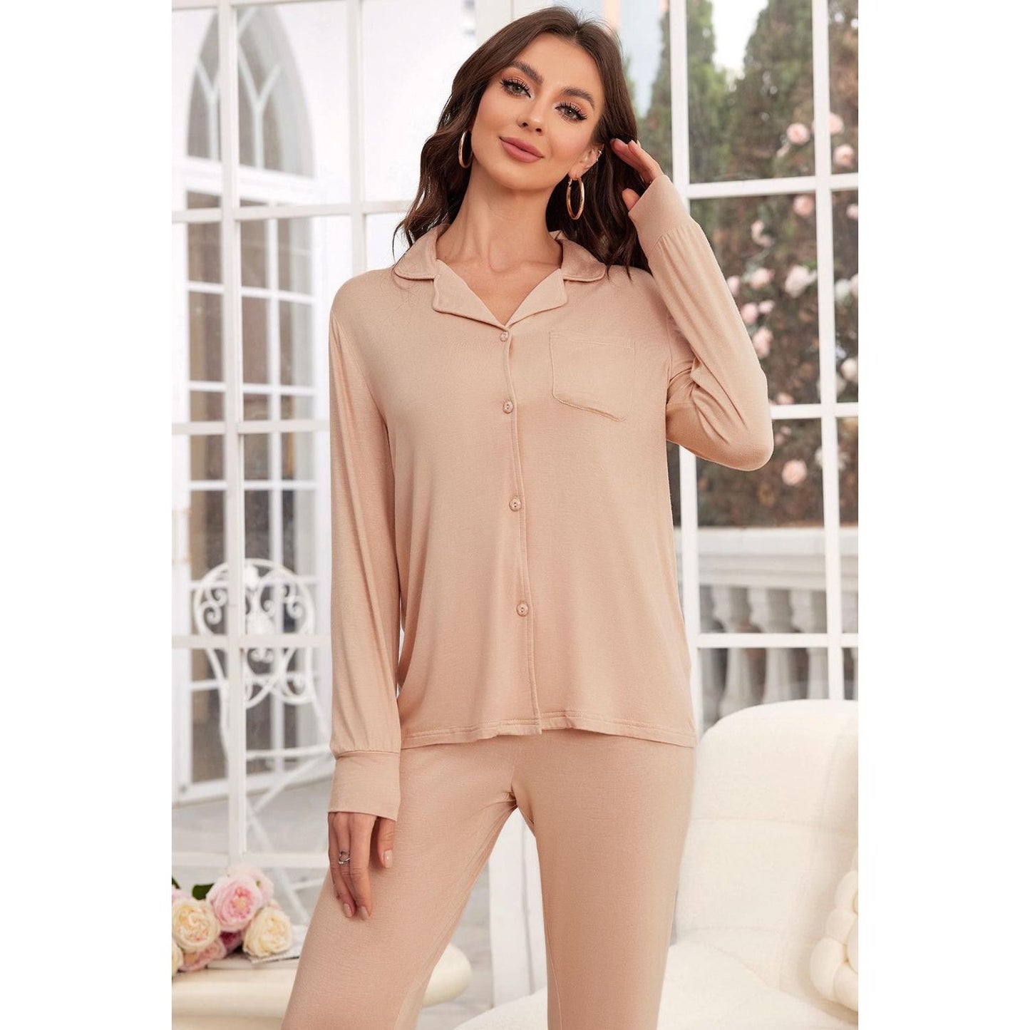 Button Up Long Sleeve Top and Pants Lounge Set