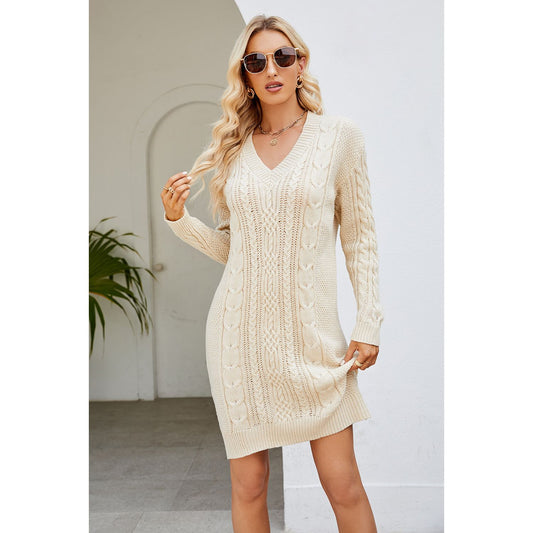 Cable-Knit Long Sleeve Sweater Dress