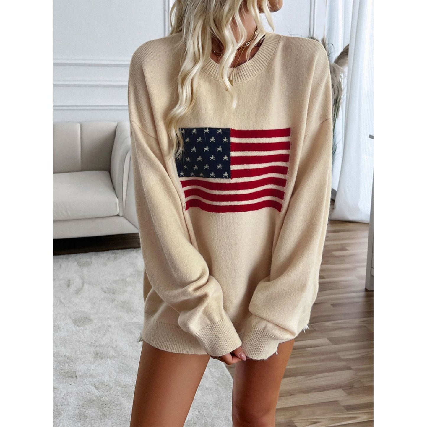 Devine US Flag Round Neck Long Sleeve Knit Top